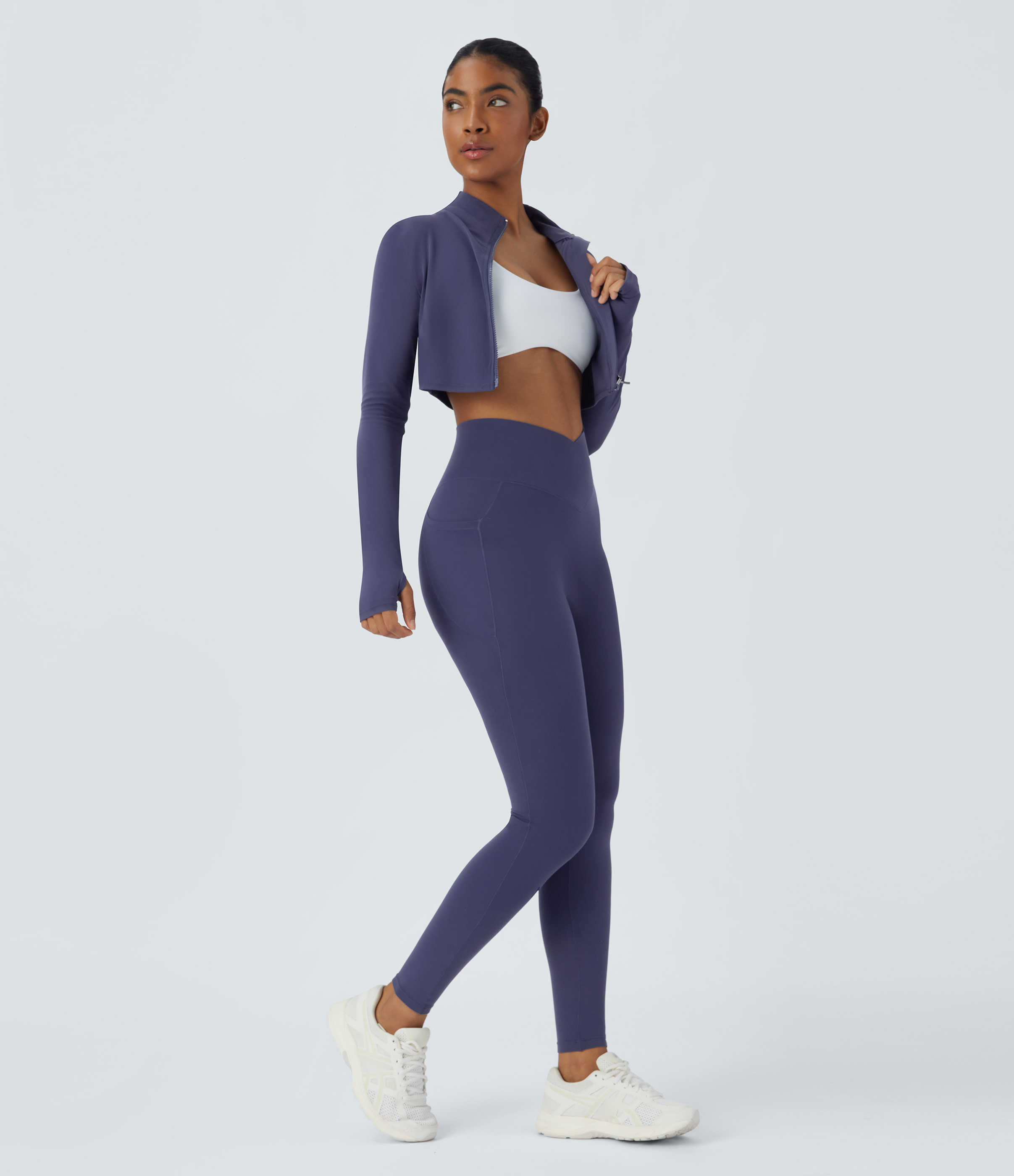 Halara Softlyzeroв„ў Stand Collar Zipper Thumb Hole Cropped Yoga Jacket-UPF50+  - Peacoat - XS 