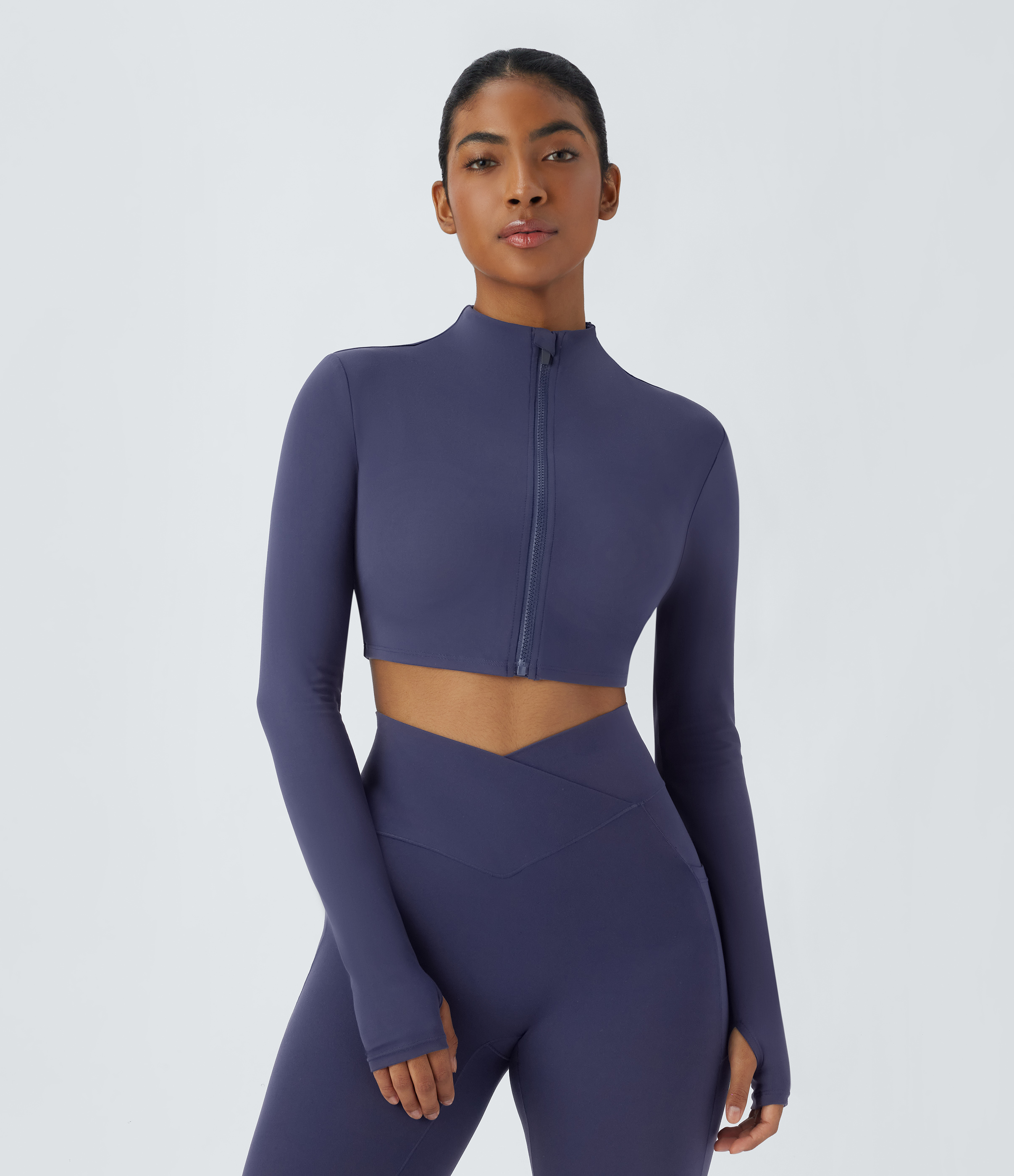 Halara Softlyzeroв„ў Stand Collar Zipper Thumb Hole Cropped Yoga Jacket-UPF50+  - Peacoat - XS 