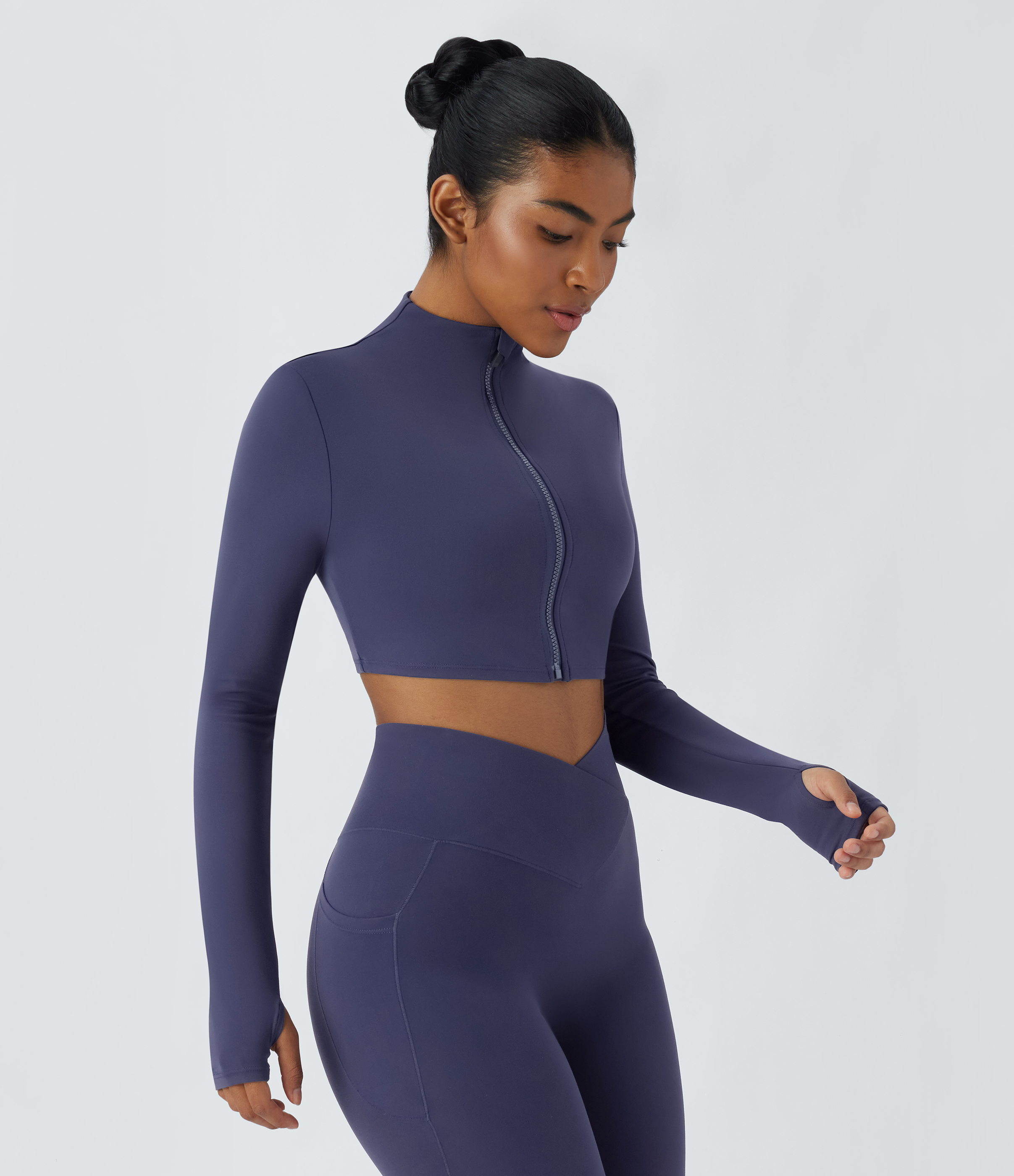 Halara Softlyzeroв„ў Stand Collar Zipper Thumb Hole Cropped Yoga Jacket-UPF50+  - Peacoat - XS 