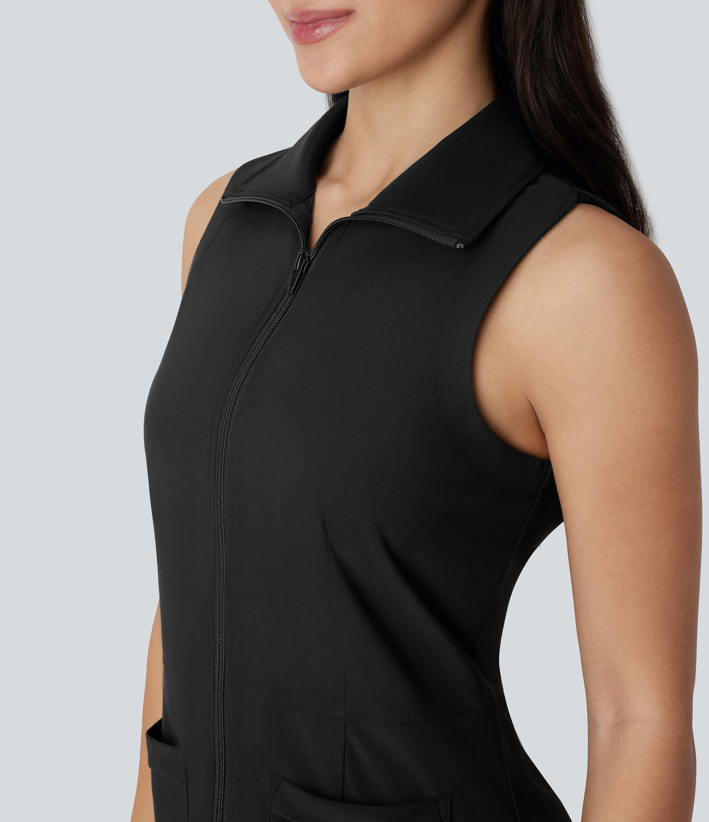 Halara Collared Sleeveless Zipper Side Pocket Curved Hem Cool Touch Mini Golf Active Dress Workout Dress - Black - S 