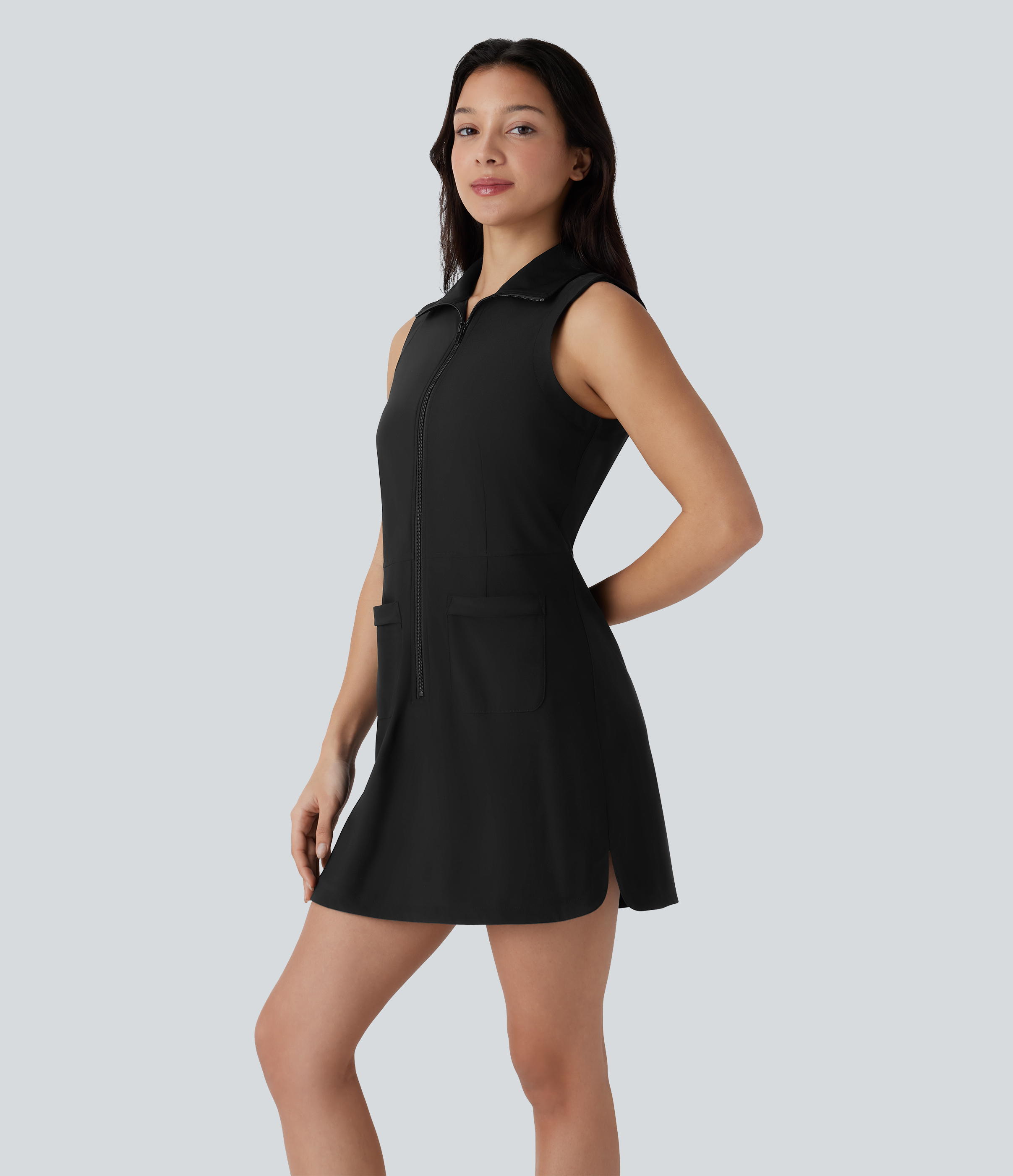 Halara Collared Sleeveless Zipper Side Pocket Curved Hem Cool Touch Mini Golf Active Dress Workout Dress - Black - S 