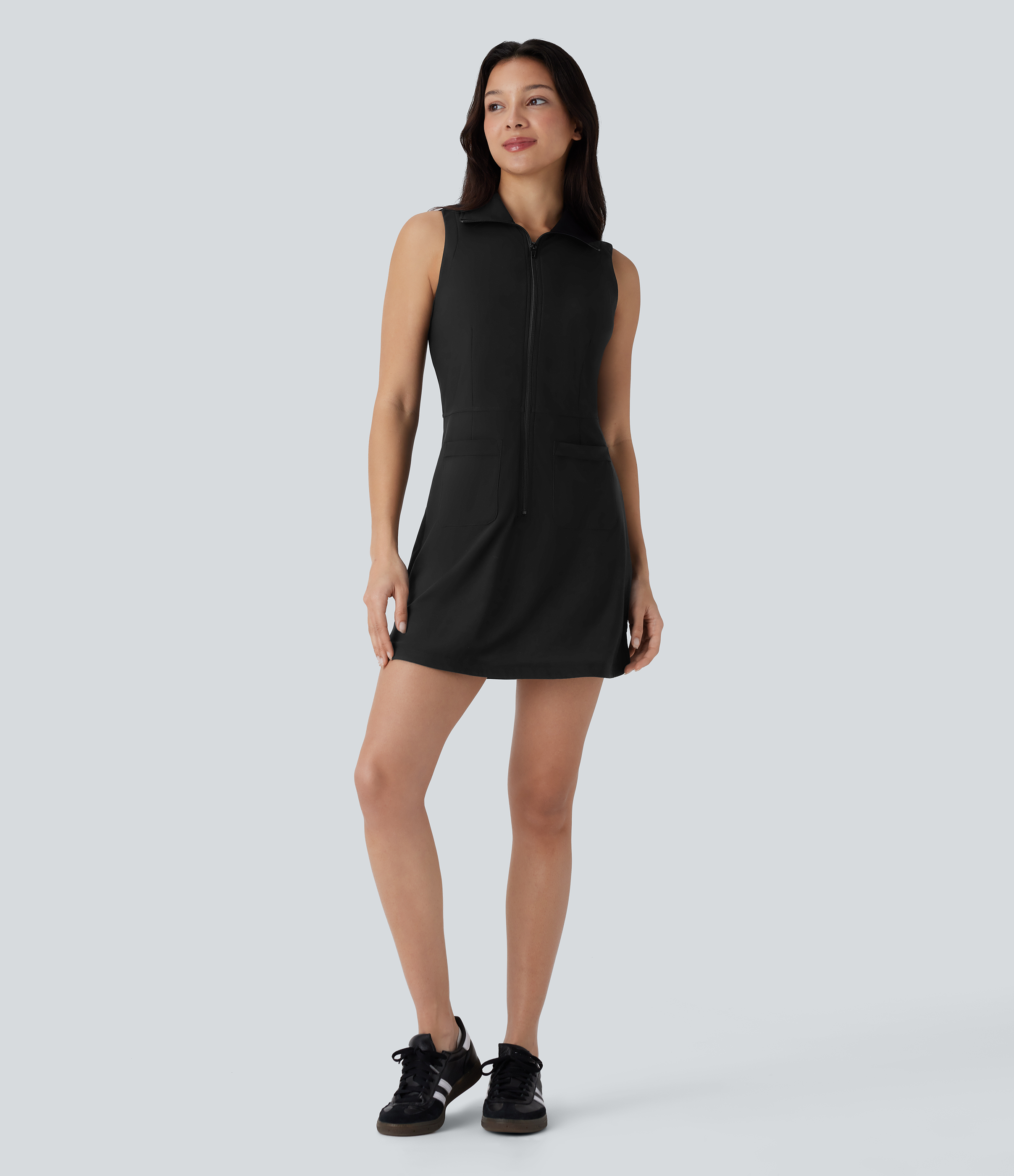 Halara Collared Sleeveless Zipper Side Pocket Curved Hem Cool Touch Mini Golf Active Dress Workout Dress - Black - S 