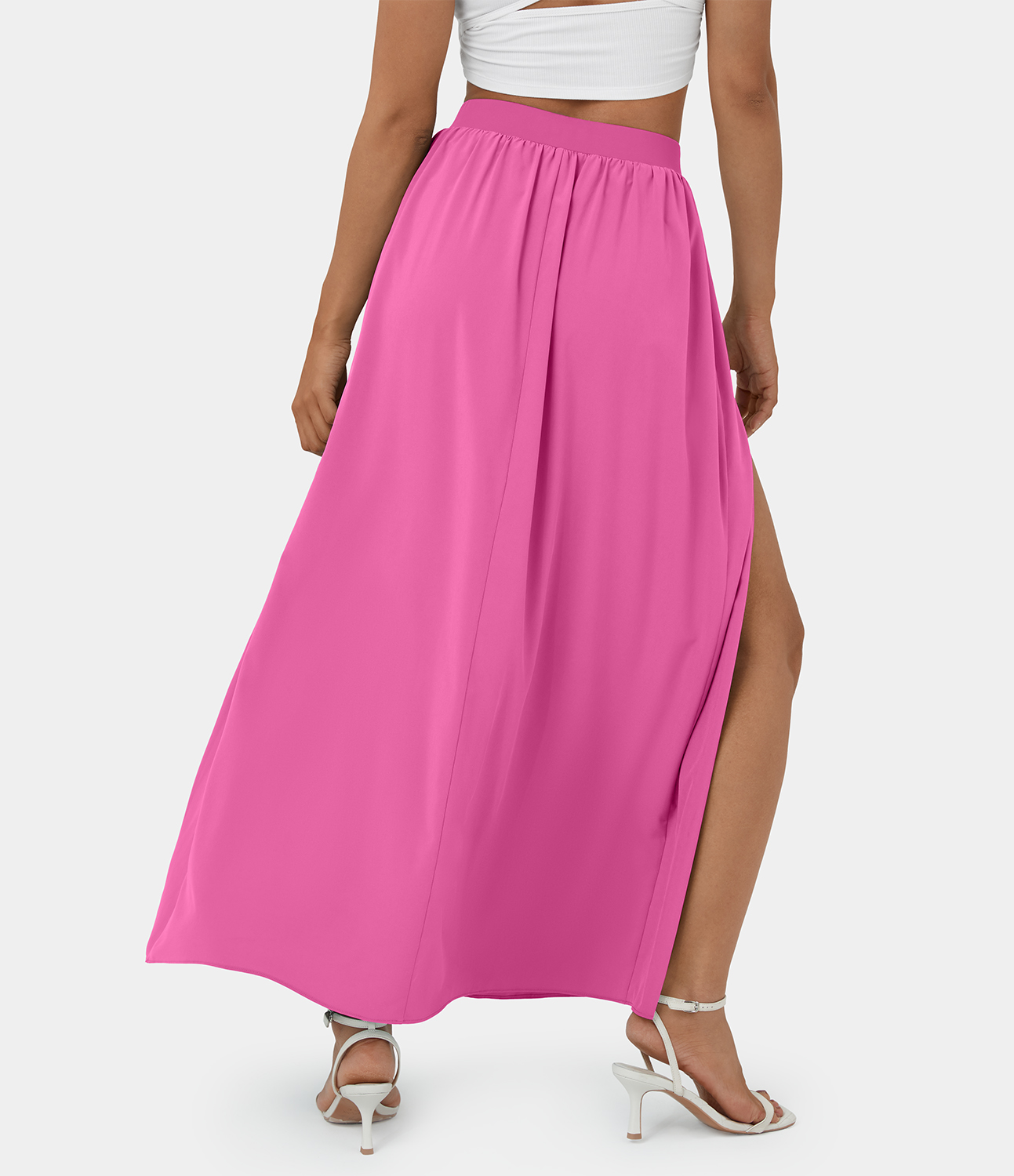 Fuchsia Fedora Breezeful™ falda maxi fluida 2 en 1 con cintura alta, abertura y cordones, de secado rápido, falda larga con shorts integrados / 2