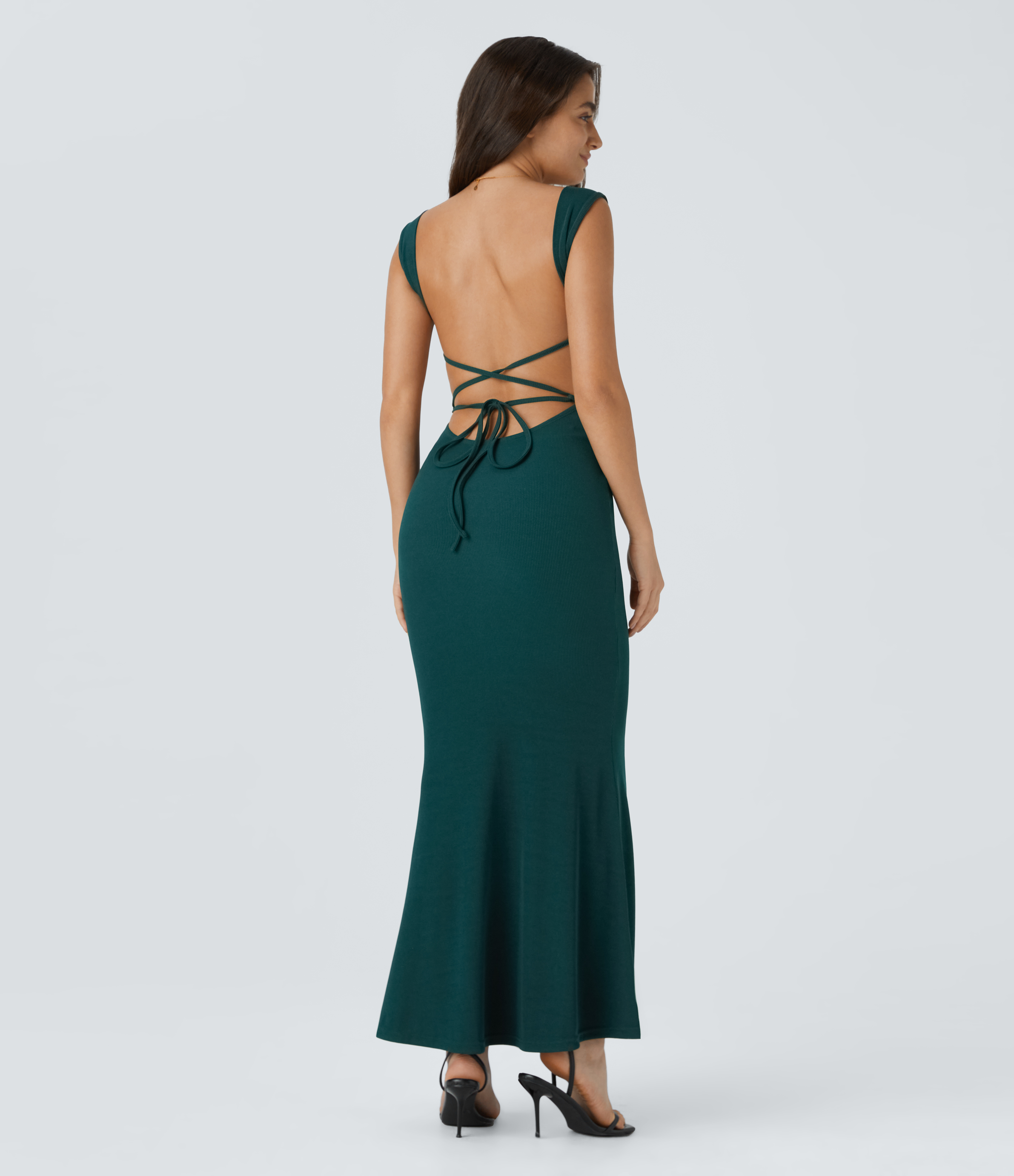 Halara Square Neck Backless Crisscross Lace Up Maxi Party Dress Casual Dress - Mallard Green - S slip dress beach dress ruched dress 