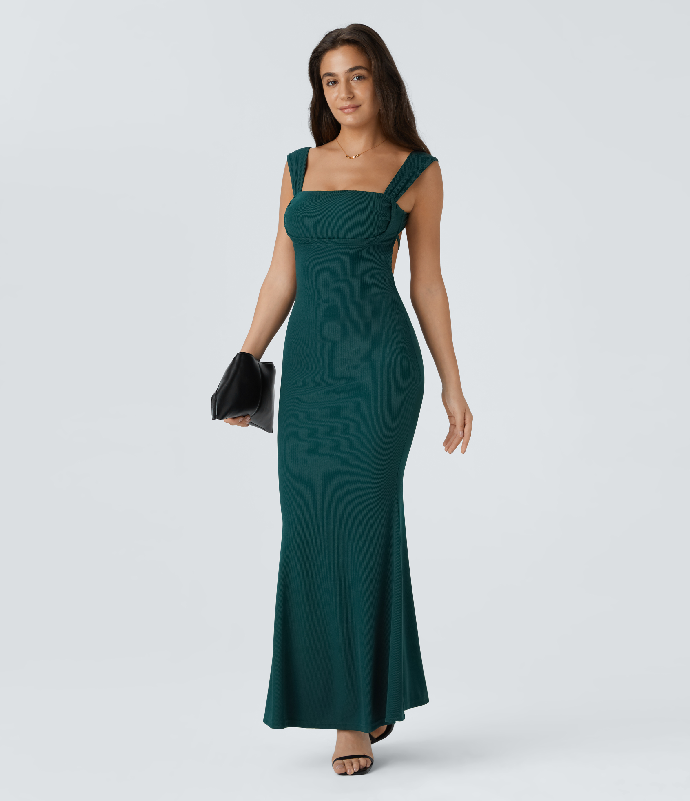 Halara Square Neck Backless Crisscross Lace Up Maxi Party Dress Casual Dress - Mallard Green - S slip dress beach dress ruched dress 