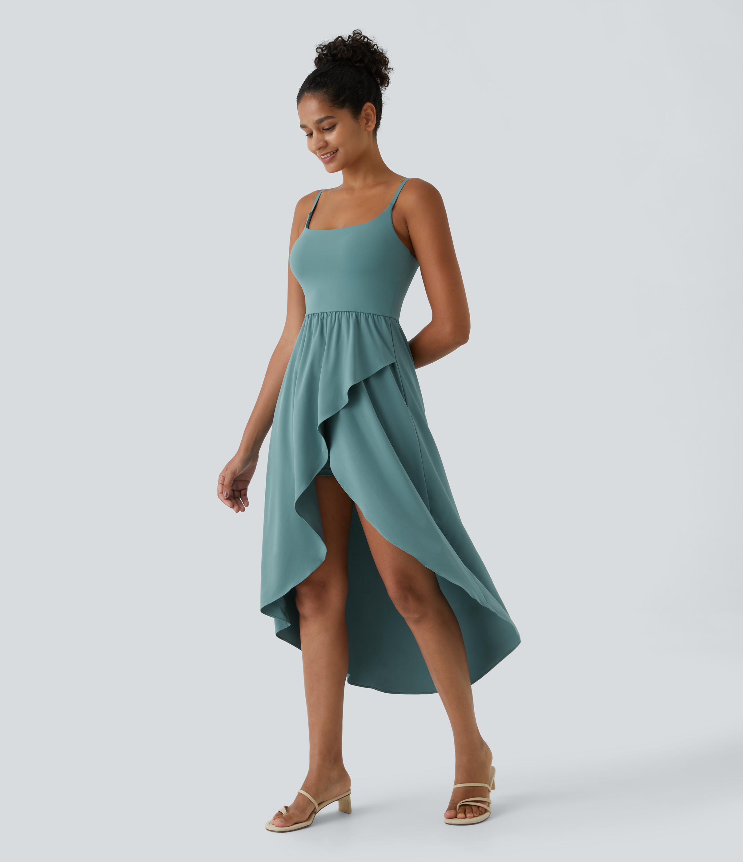 Halara Breezefulв„ў Backless Asymmetric Crossover Hem 2-Piece Side Pocket Flowy Midi Quick Dry Casual Dress Casual Dress - Mineral Blue - XL 