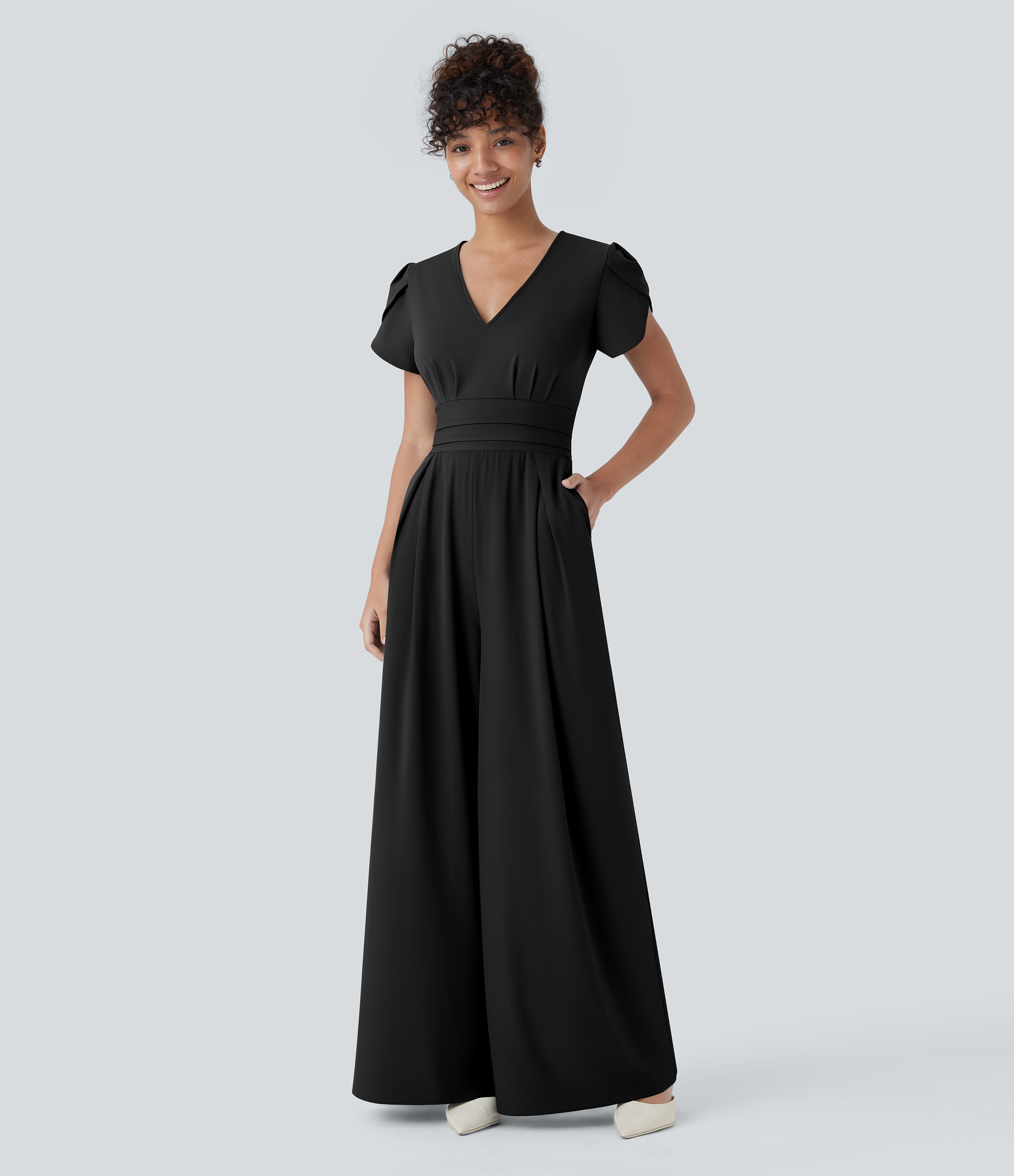 Breezeful™ V Neck Petal Sleeve Pocket Wide Leg Flowy Quick Dry Work Jumpsuit