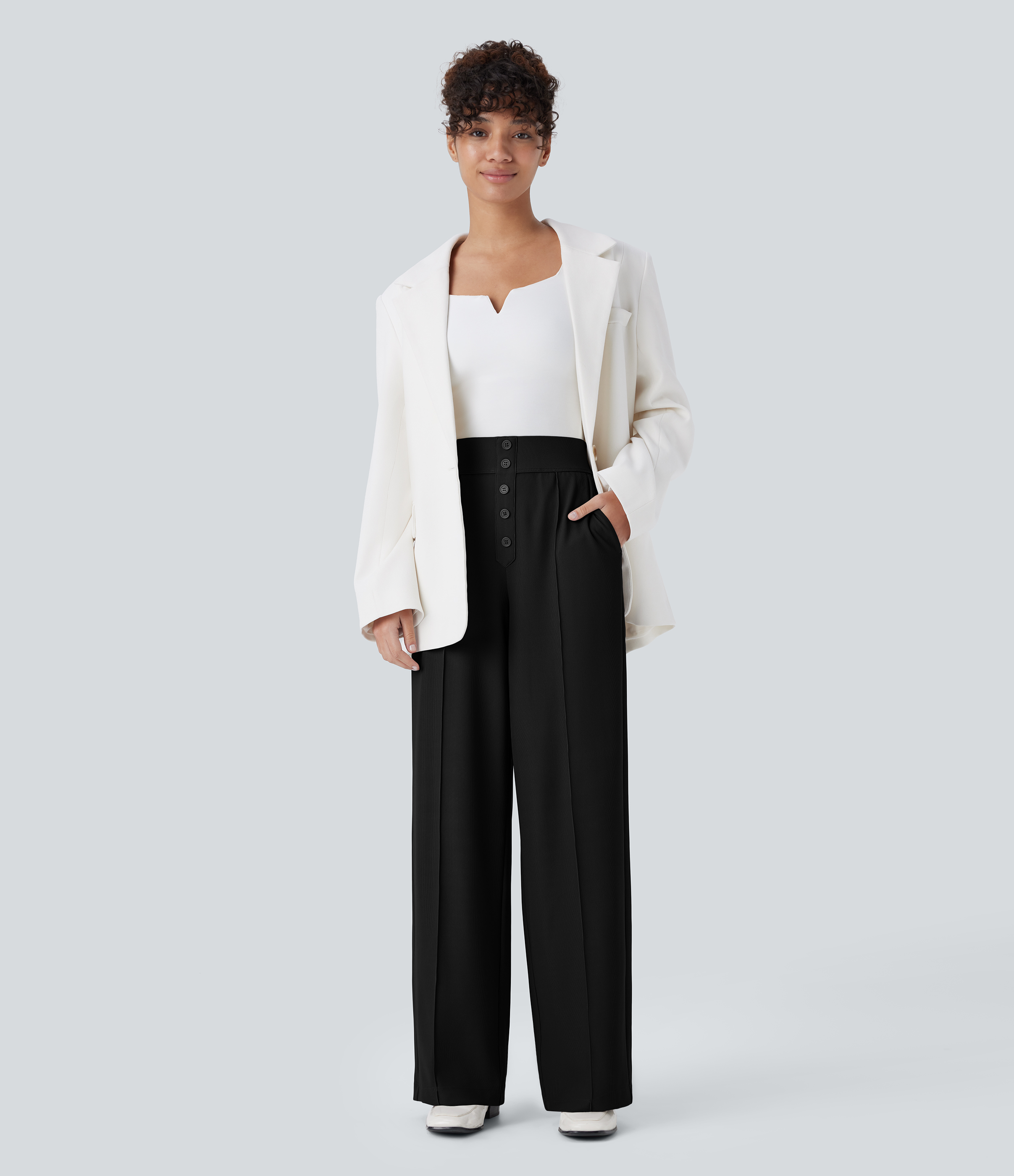 Halara Halara Flexв„ў High Waisted Decorative Button Side Pocket Straight Leg Micro Waffle Work Pants  - Black - M(regular) sweatpants 