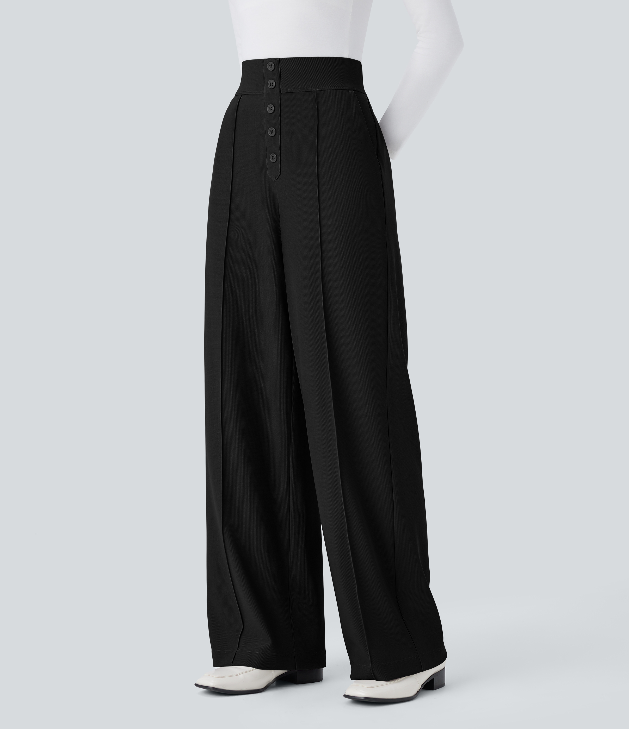 Halara Halara Flexв„ў High Waisted Decorative Button Side Pocket Straight Leg Micro Waffle Work Pants  - Black - M(regular) sweatpants 