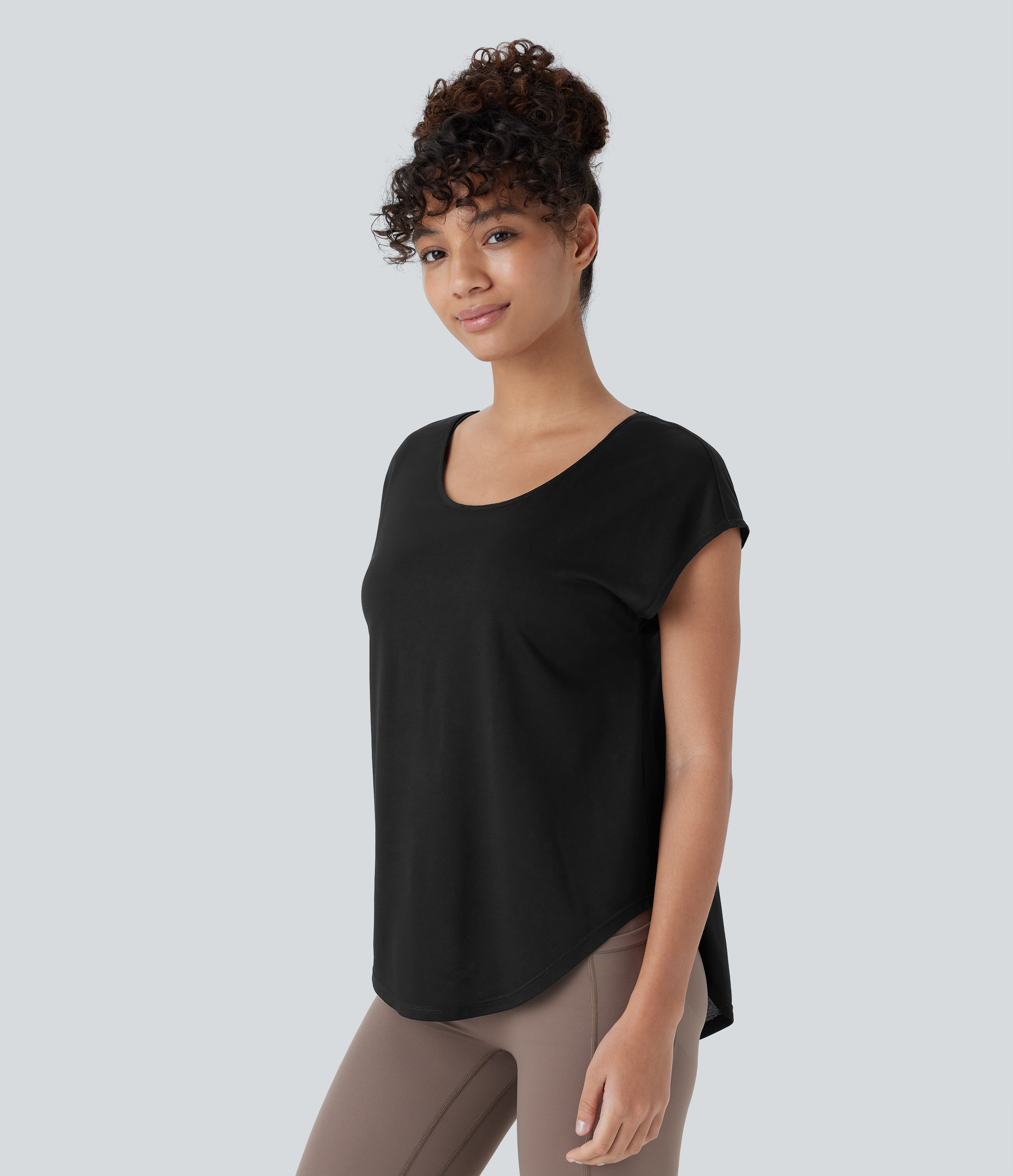 Halara Backless Cowl Back Short Sleeve Curved Hem Yoga Sports Top  - Black - L 