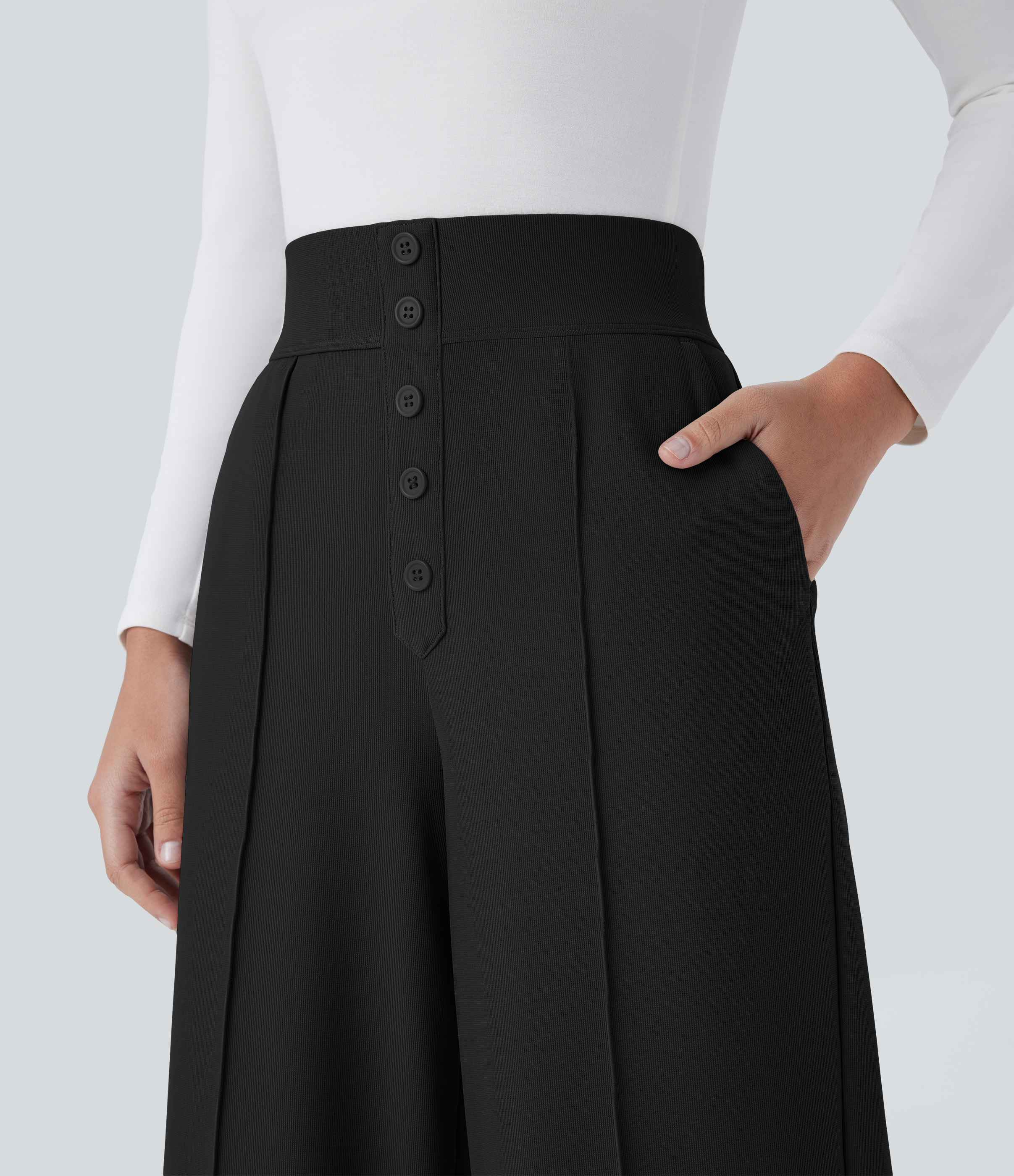 Halara Halara Flexв„ў High Waisted Decorative Button Side Pocket Straight Leg Micro Waffle Work Pants  - Black - M(regular) sweatpants 