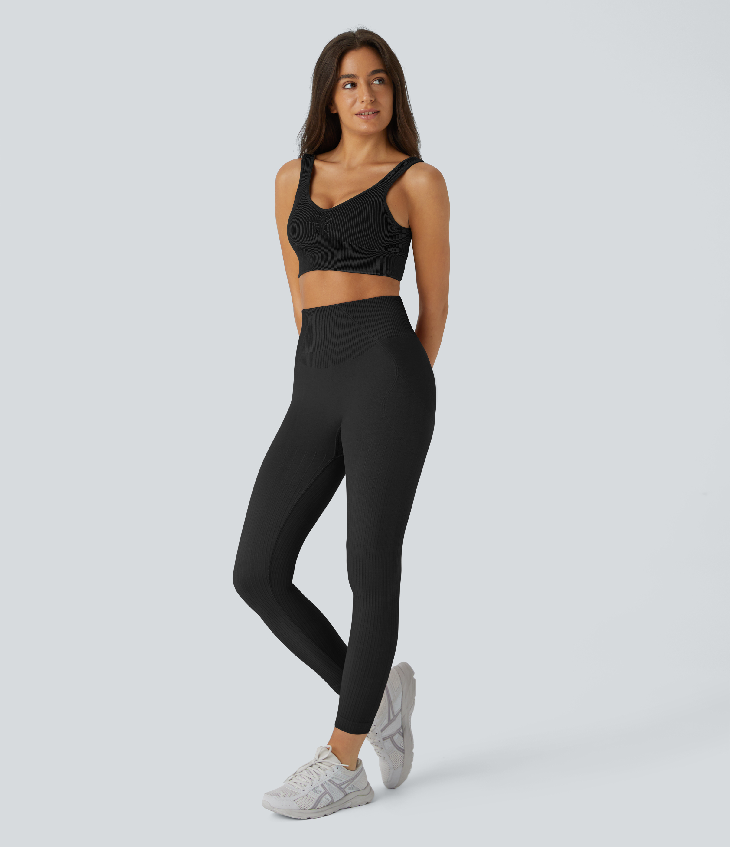 Halara Skin Friendly Soft Seamless Flow Ribbed High Waisted Tummy Control Butt Lifting Training 7/8 Leggings  - Black - S(7/8) gym leggings 