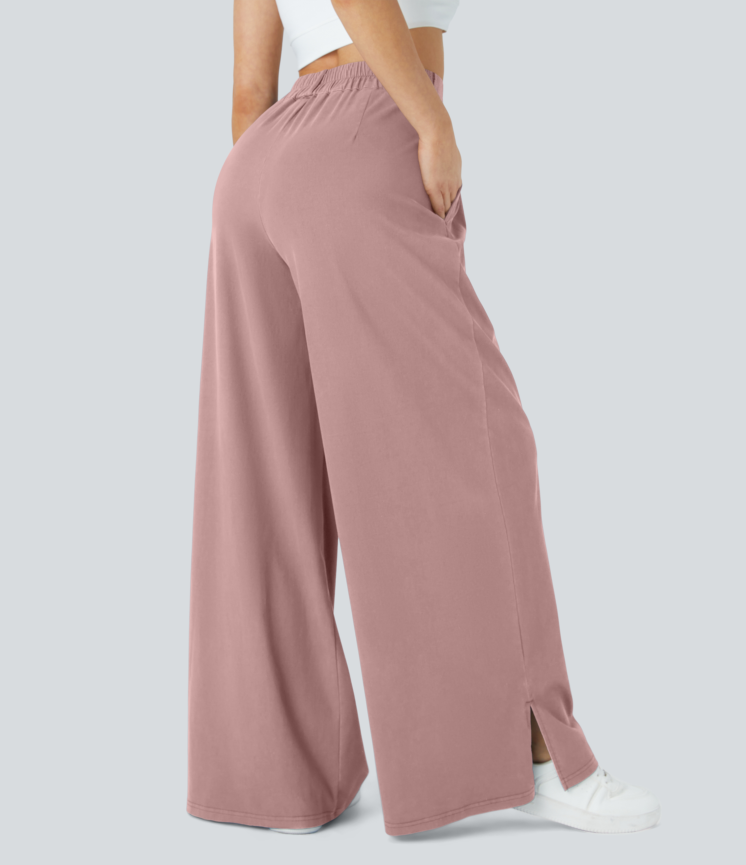 Plum Pink Denim Pantalon Large Casual Taille Haute Boutonnés Fermeture Éclair Plissé Poches Latérales Ourlet Fendu  / 2