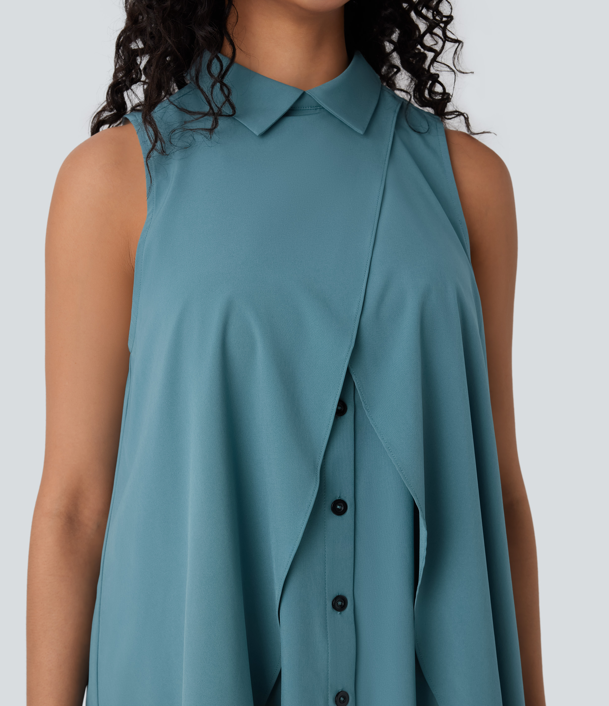 Halara Breezefulв„ў Collared Sleeveless Button Invisible Zipper Flowy Quick Dry Work Blouse  - Stone Blue - XL 