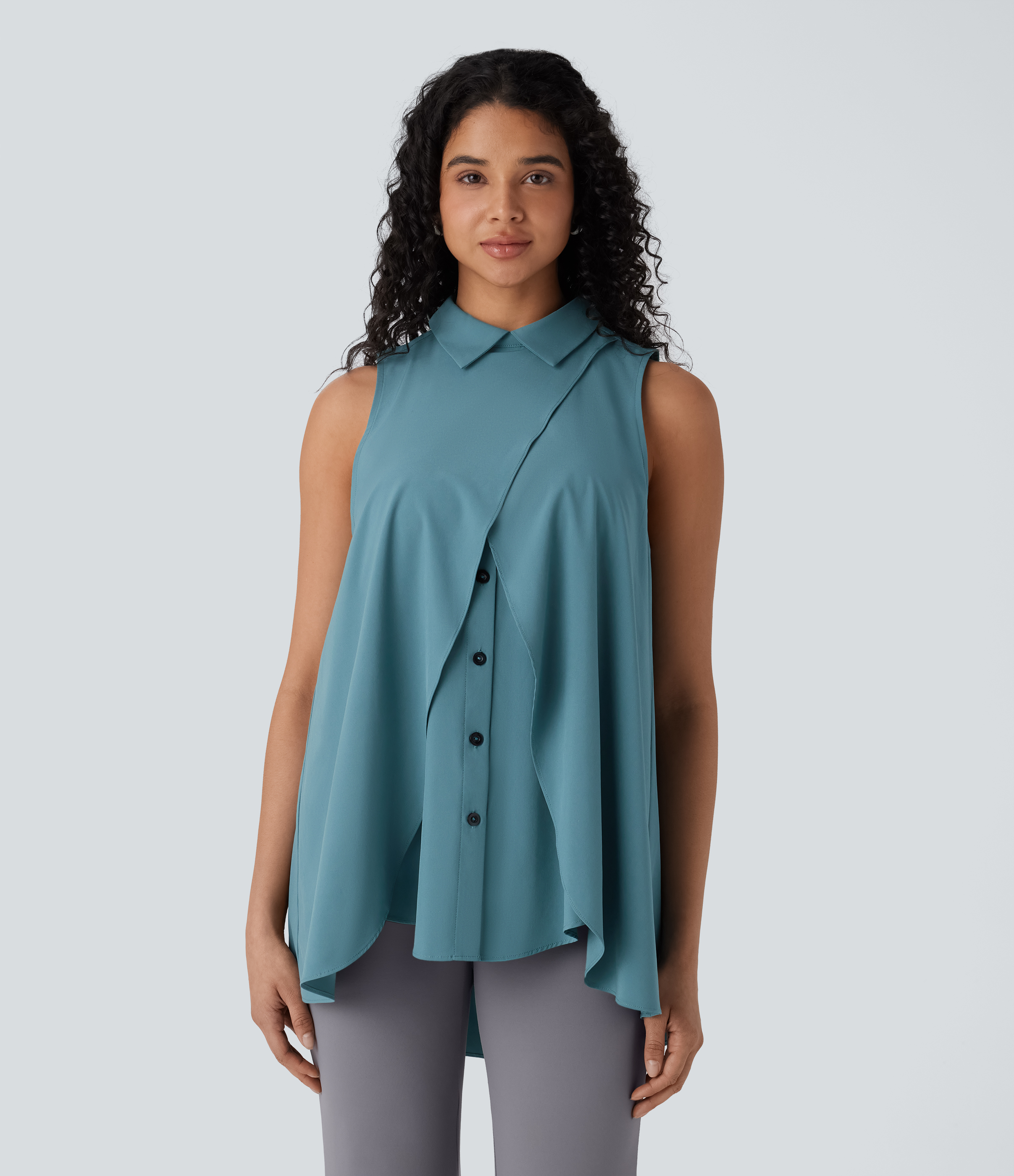 Halara Breezefulв„ў Collared Sleeveless Button Invisible Zipper Flowy Quick Dry Work Blouse  - Stone Blue - XL 