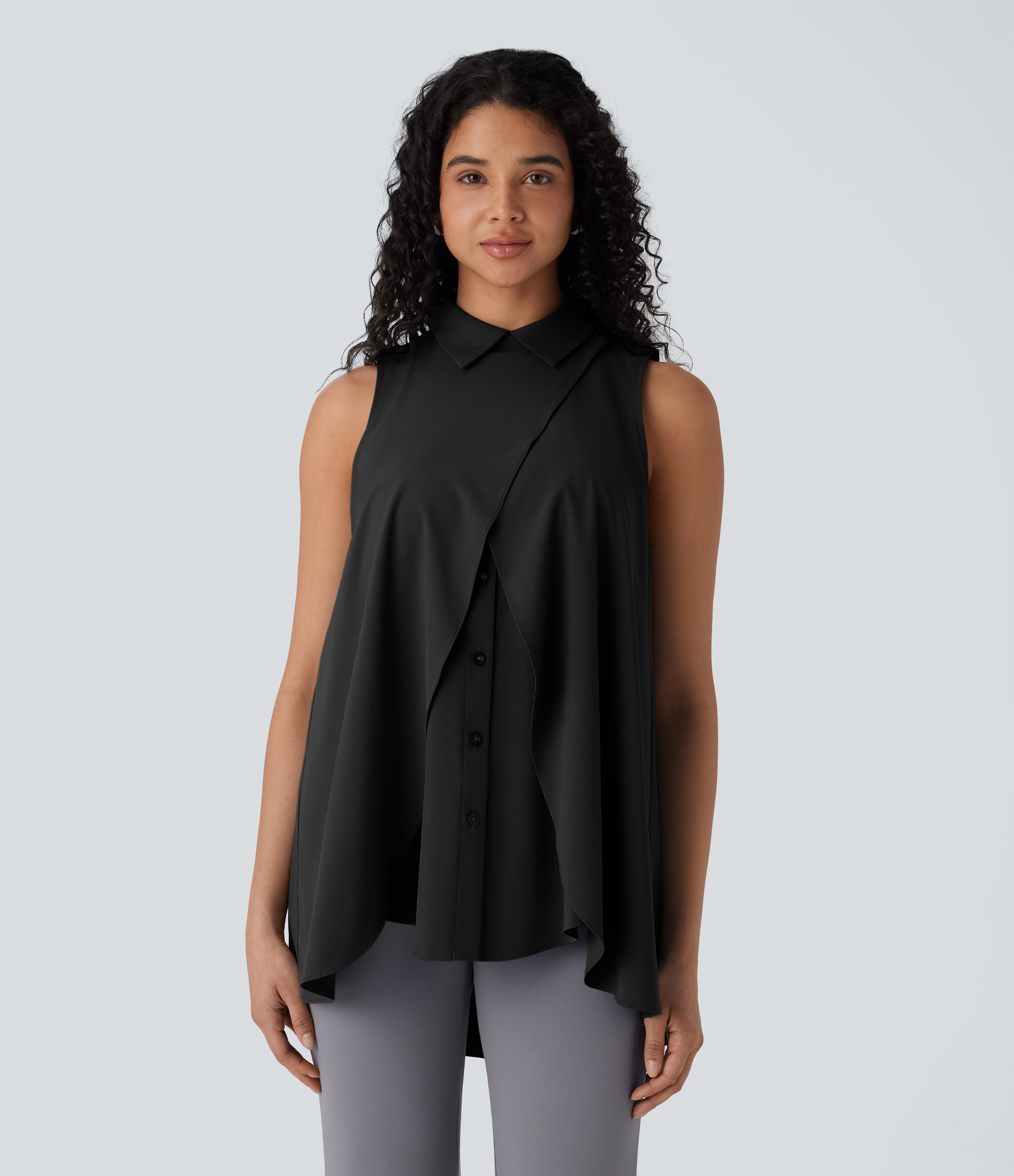 Halara Breezefulв„ў Collared Sleeveless Button Invisible Zipper Flowy Quick Dry Work Blouse  - Black - L 
