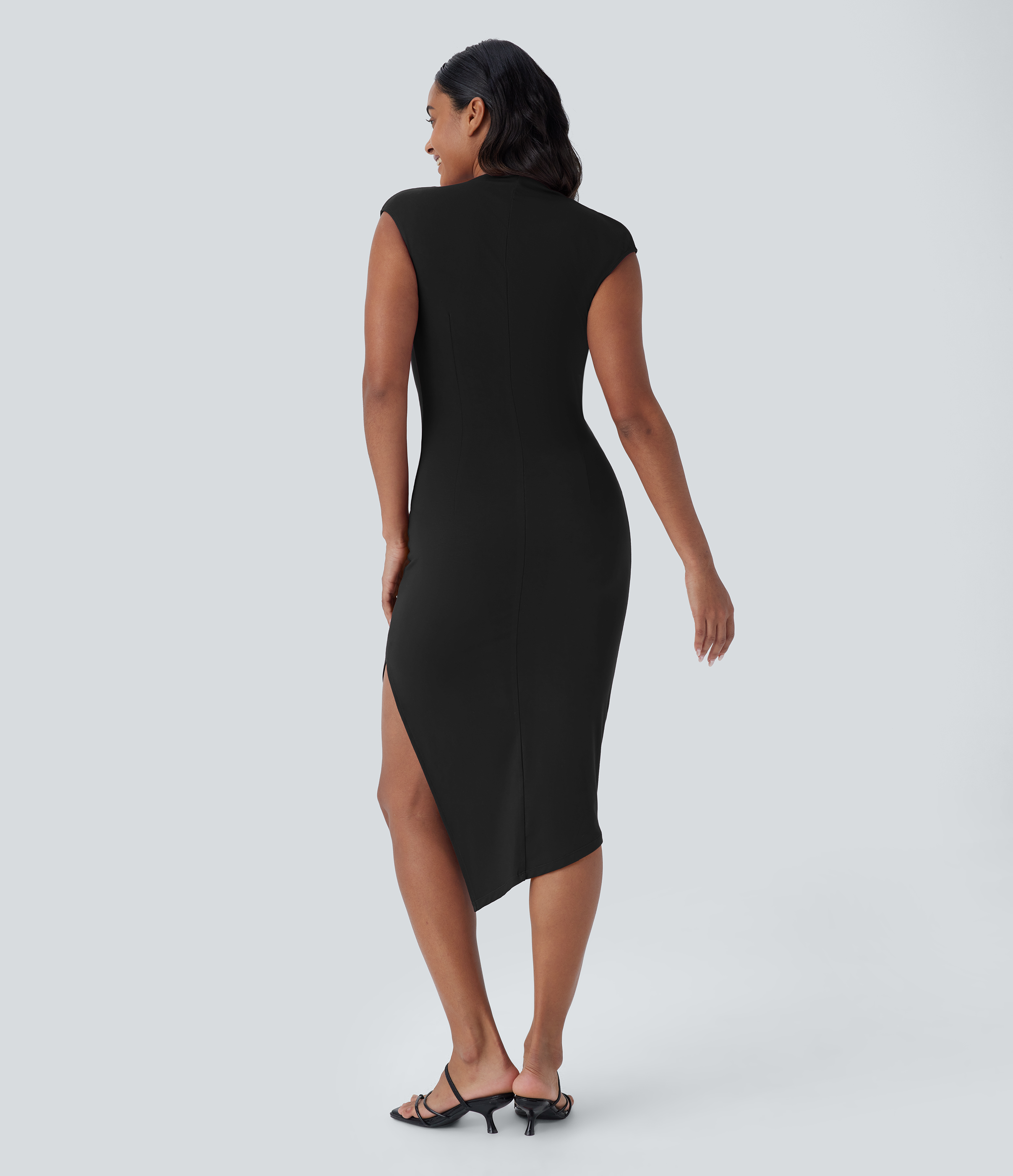 Halara Cowl Neck Cap Sleeve Ruched Split Midi Casual Dress Casual Dress - Black - XS slip dress beach dress ruched dress halter dress 