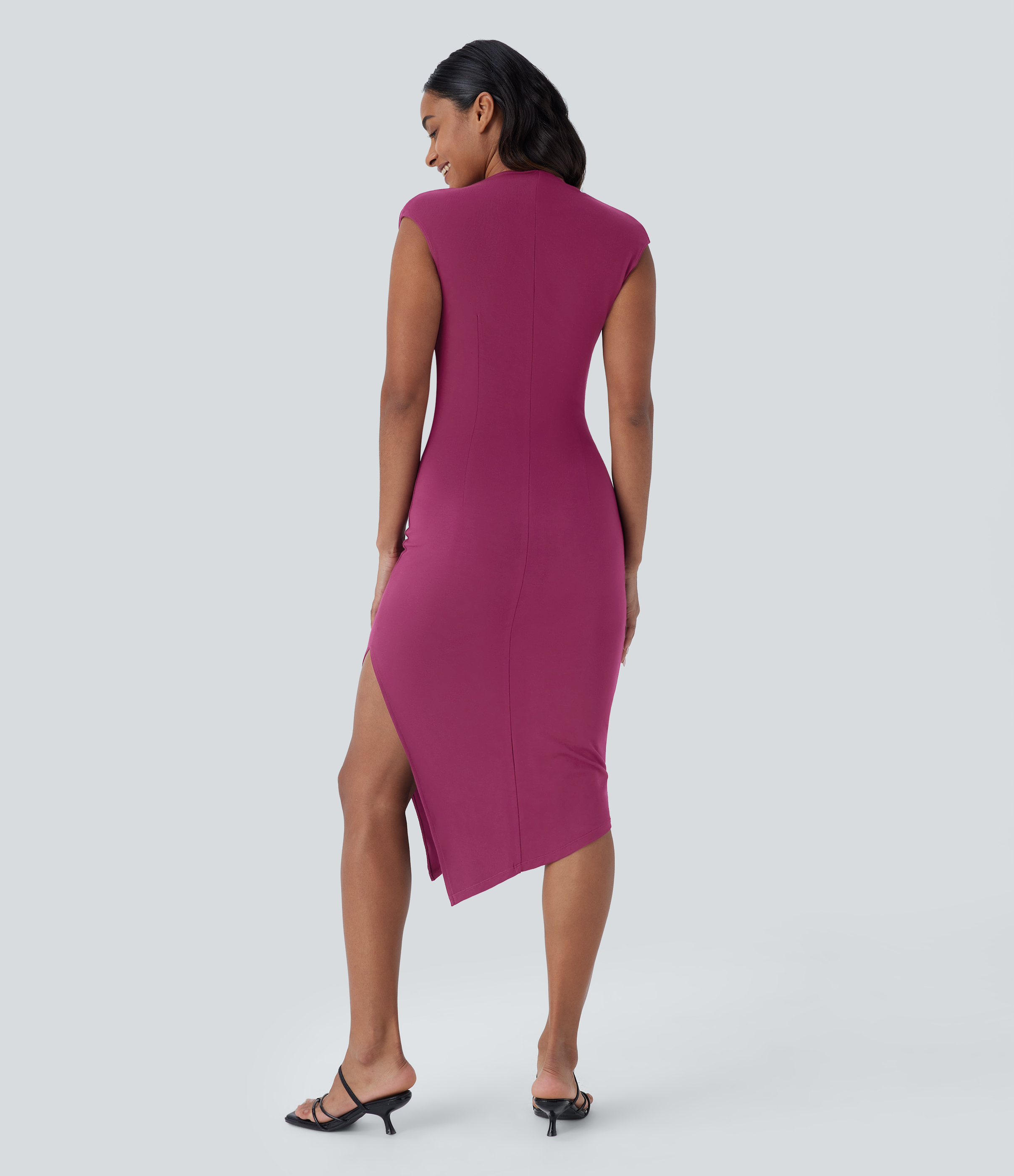 Halara Cowl Neck Cap Sleeve Ruched Split Midi Casual Dress Casual Dress - Red Violet - M slip dress beach dress ruched dress halter dress 
