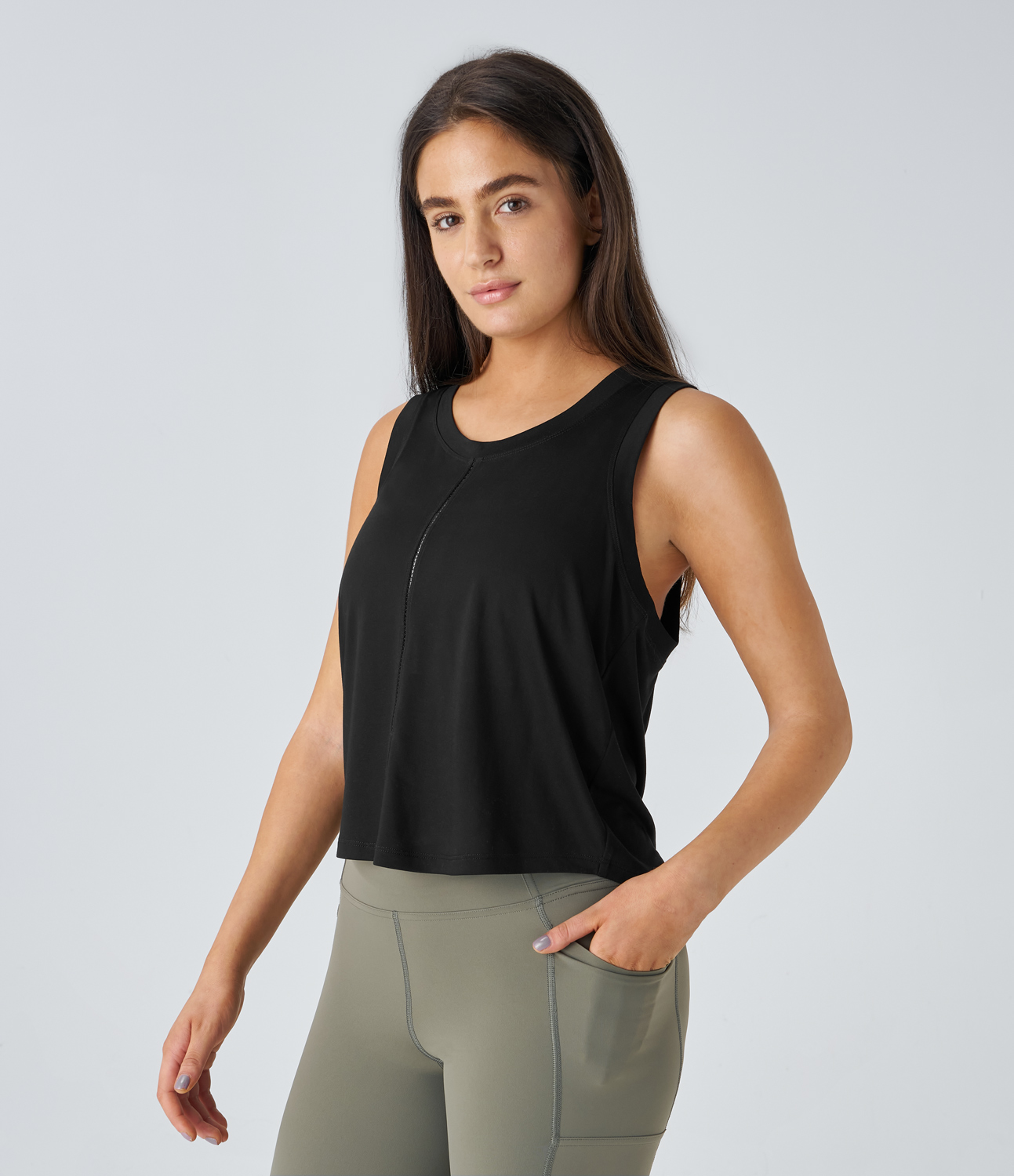 Halara Round Neck Cut Out Yoga Tank Top Tank Top - Black - XL golf tops halter top tunic tops sleeveless tops backless top 
