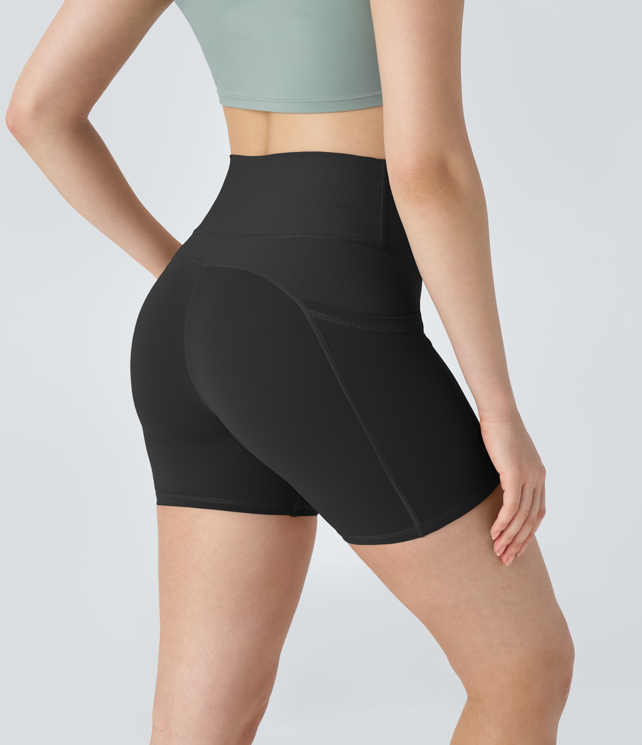 Halara UltraSculpt High Waisted Ribbed Crossover Side Pocket Workout Biker Shorts 5`` Gym Short - Black - XL booty shorts compression shorts 