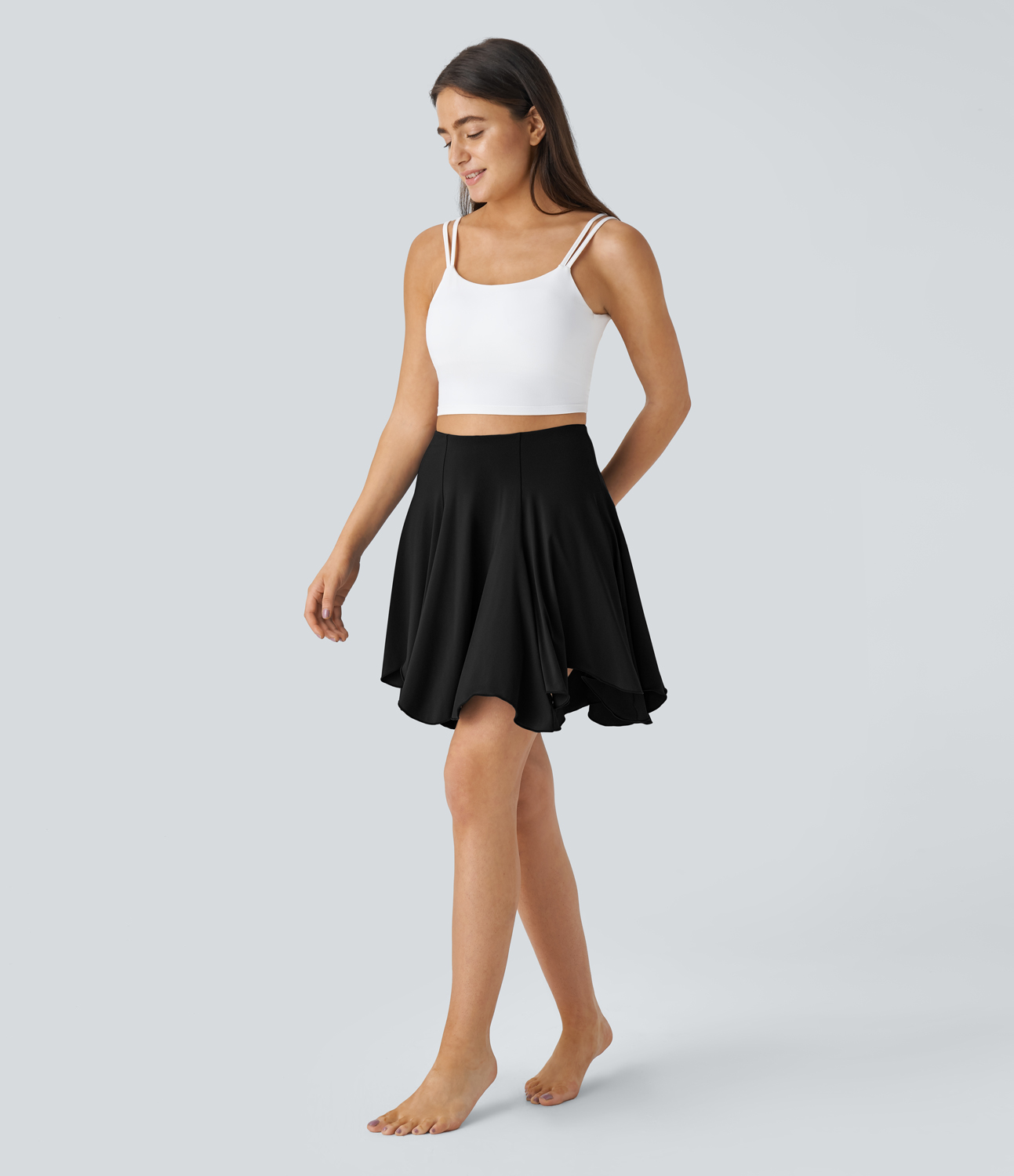 Halara Super High Waisted 2-in-1 Side Pocket Flowy Asymmetric Flare Hem Mini Dance Skirt  - Tap Shoe - L(regular) midi skirt a line skirt 