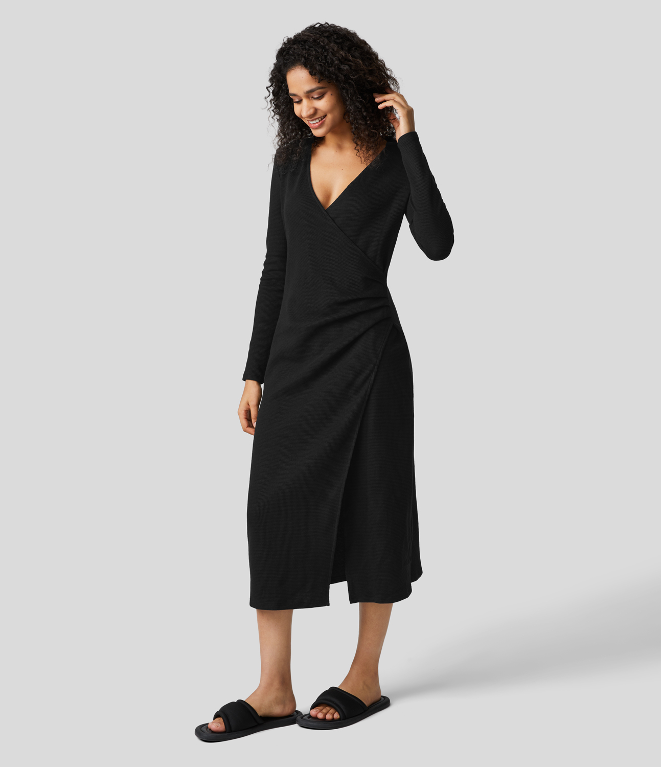 

Halara V Neck Crossover Ruched Split Hem Waffle Casual Cotton Midi Dress Casual Dress - Black -  slip dress beach dress ruched dress