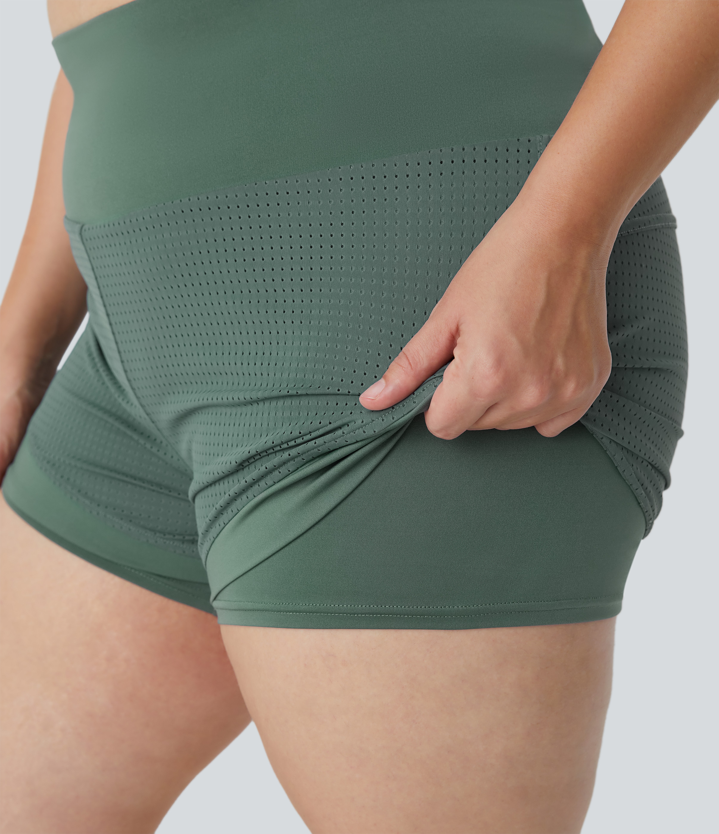 Halara High Waisted Back Waistband Pocket 2-in-1 Yoga Plus Size Shorts  - Duck Green - 1X 