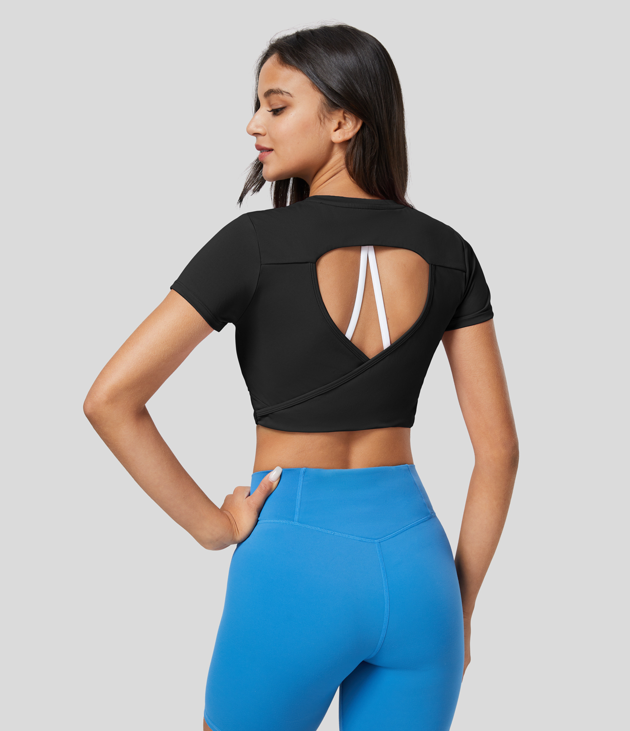 

Halara Crew Neck Short Sleeve Backless Quick Dry Cropped Tennis Sports Top - Black