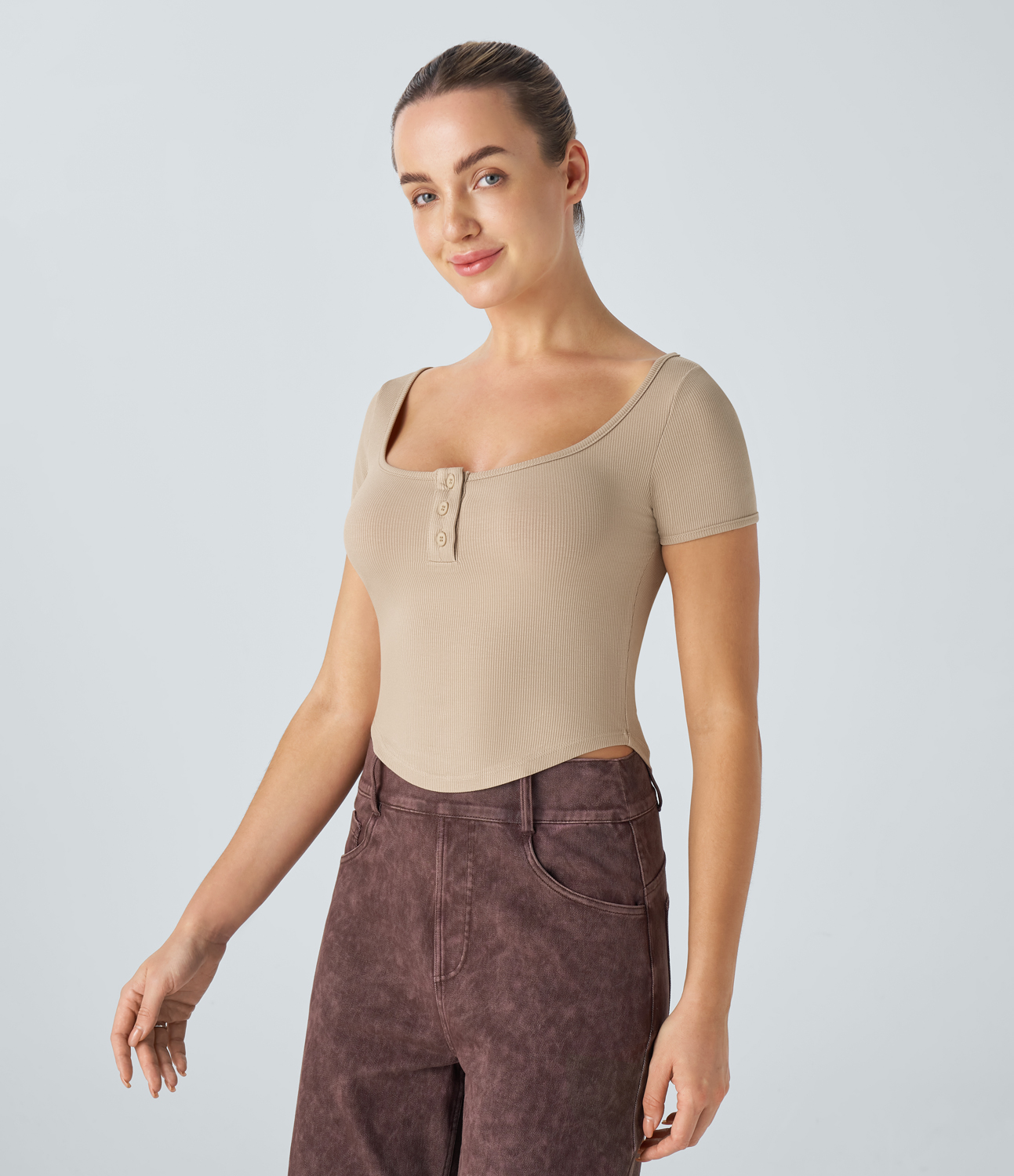 Halara Ribbed Knit Henley Neck Curved Hem Slim Cropped Casual Top Tank Top - Frosted Almond - M golf tops halter top tunic tops 