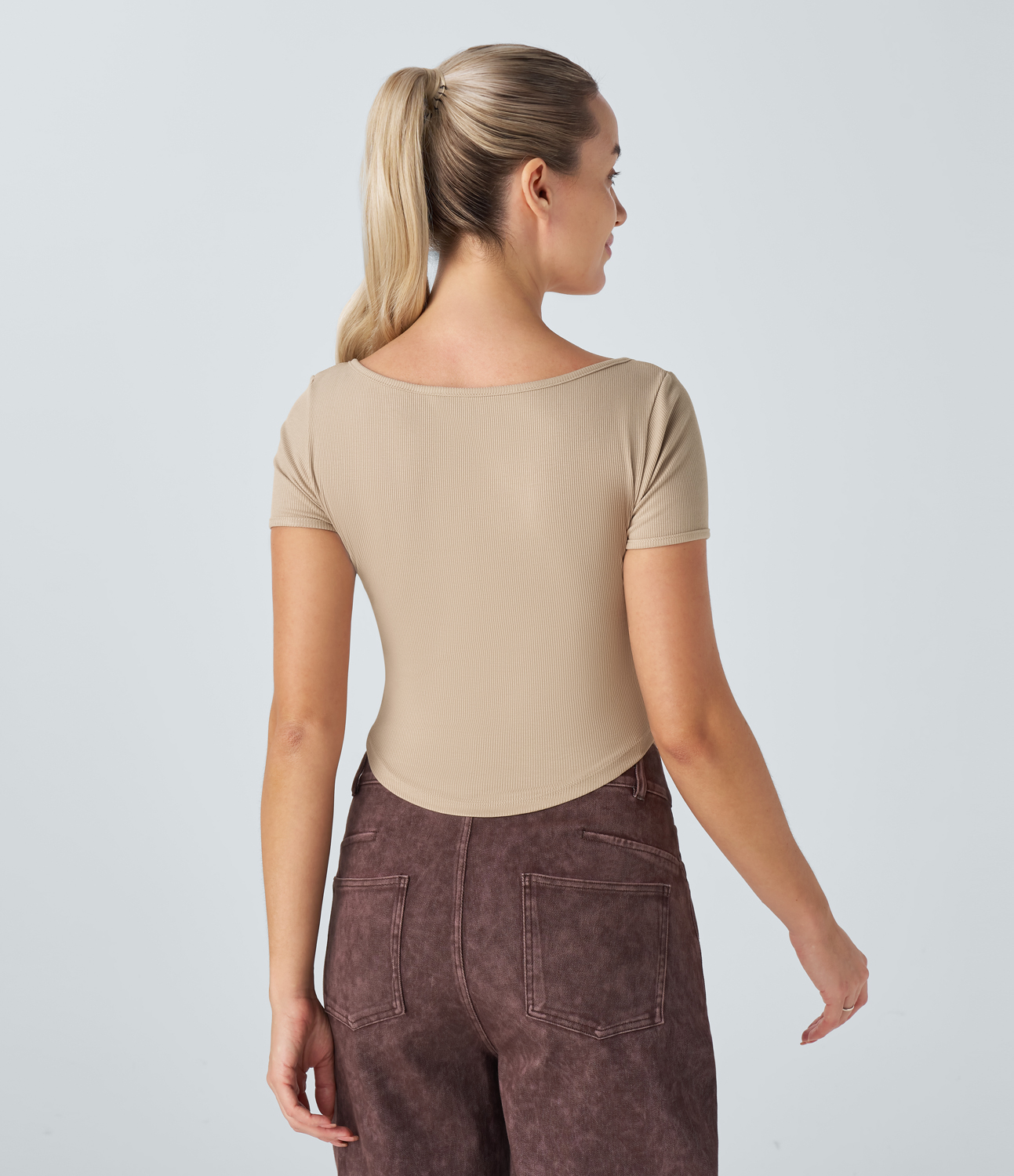 Halara Ribbed Knit Henley Neck Curved Hem Slim Cropped Casual Top Tank Top - Frosted Almond - M golf tops halter top tunic tops 