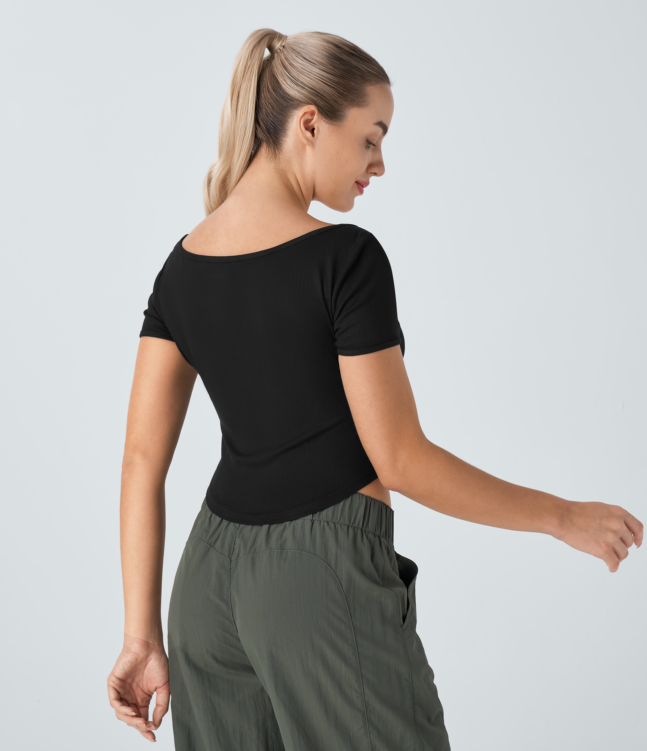 Halara Ribbed Knit Henley Neck Curved Hem Slim Cropped Casual Top Tank Top - Black - L golf tops halter top tunic tops sleeveless tops 