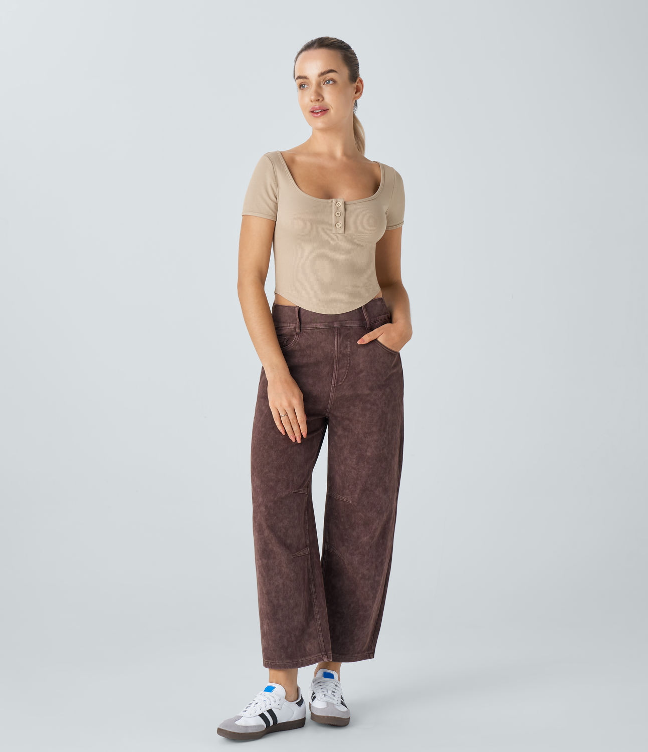 Halara Ribbed Knit Henley Neck Curved Hem Slim Cropped Casual Top Tank Top - Frosted Almond - M golf tops halter top tunic tops 