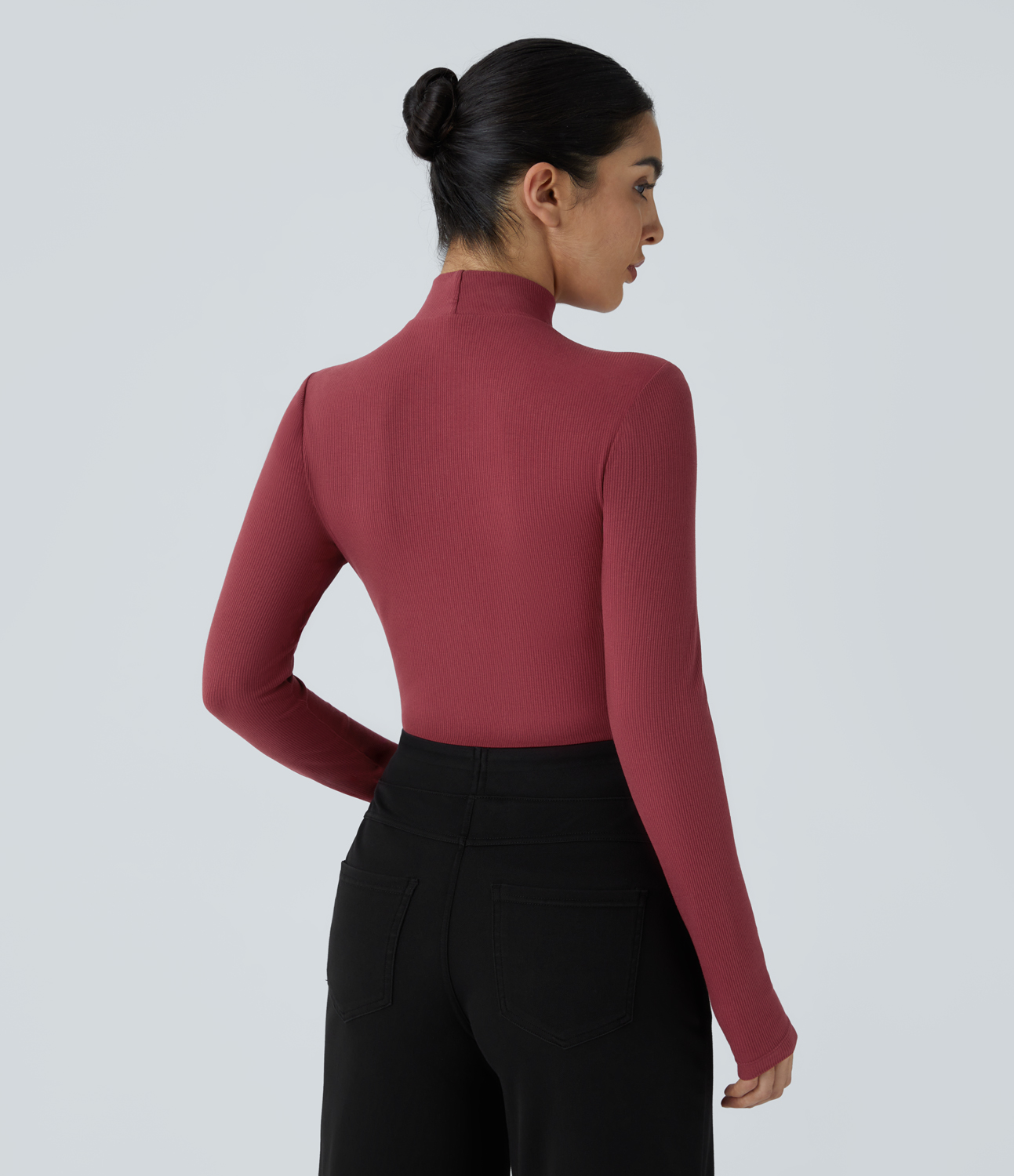Halara Ribbed Knit Crossover Stand Collar Cut Out Long Sleeve Skinny Casual Top Tank Top - Ruby Wine - XL golf tops halter top tunic tops 