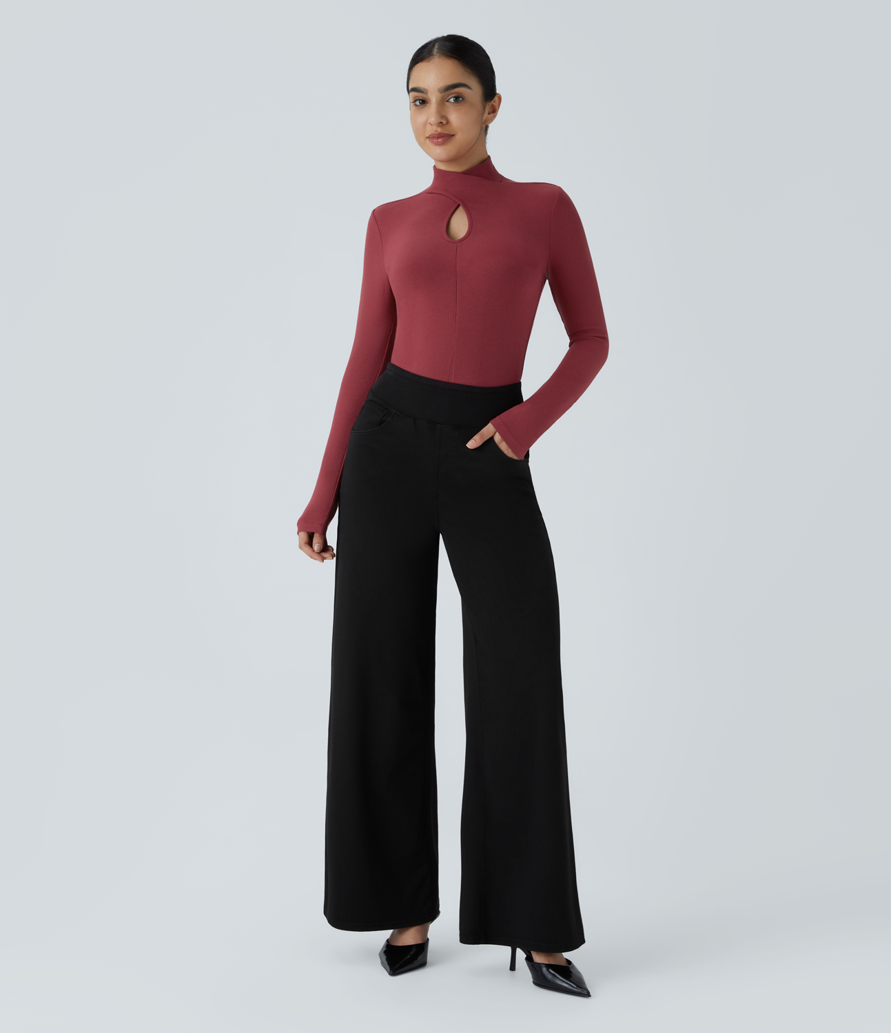 Halara Ribbed Knit Crossover Stand Collar Cut Out Long Sleeve Skinny Casual Top Tank Top - Ruby Wine - XL golf tops halter top tunic tops 