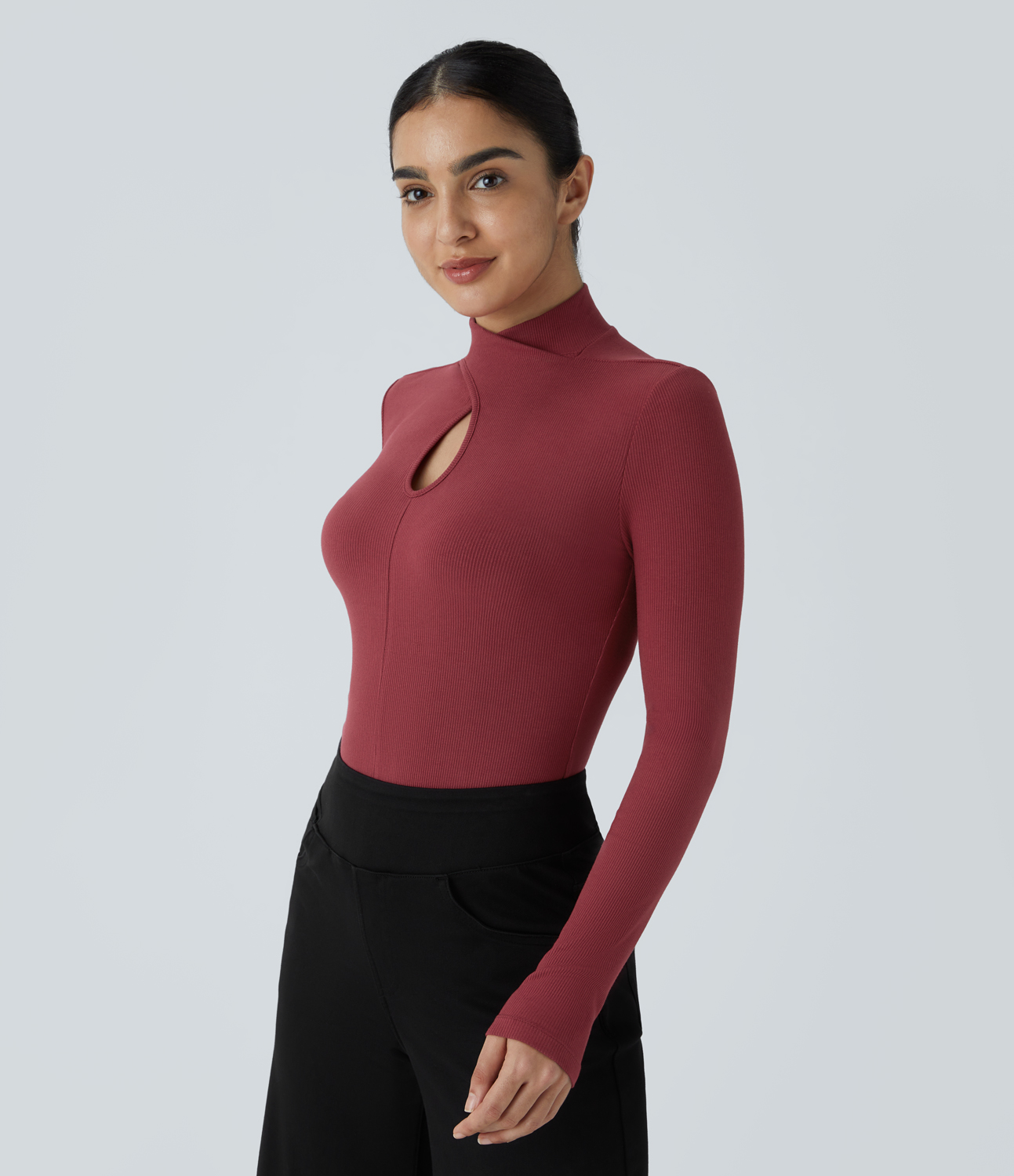 Halara Ribbed Knit Crossover Stand Collar Cut Out Long Sleeve Skinny Casual Top Tank Top - Ruby Wine - XL golf tops halter top tunic tops 