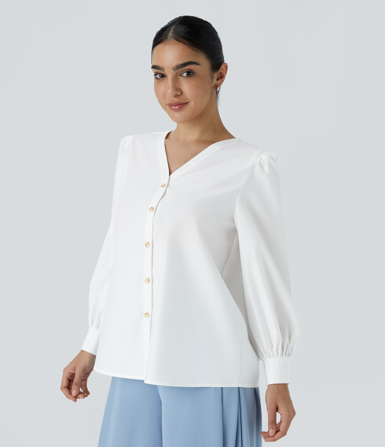 Halara V Neck Button Long Sleeve Work Blouse  - White - S 