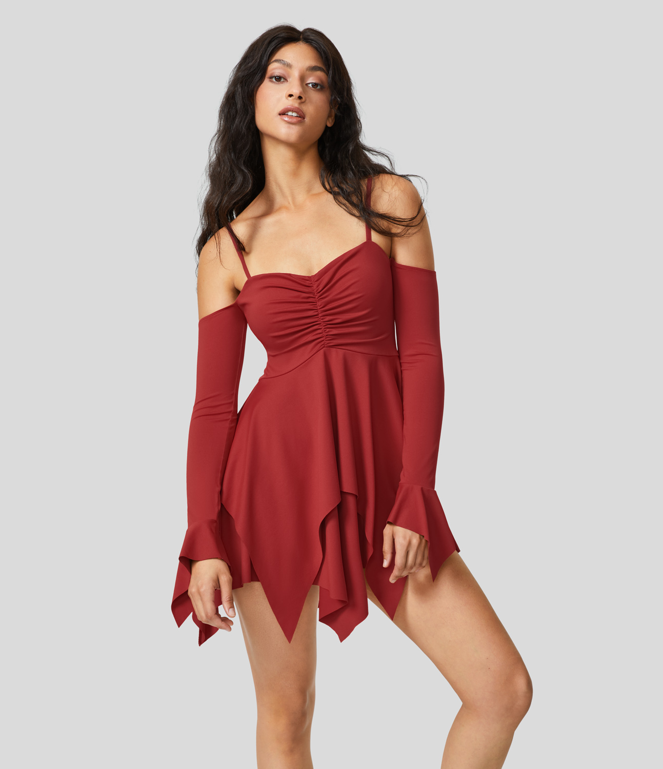 

Halara Adjustable Strap Ruched Backless Long Sleeve Layered Hanky Hem Mini Casual Dress Casual Dress - Emboldened -  slip dress beach dress