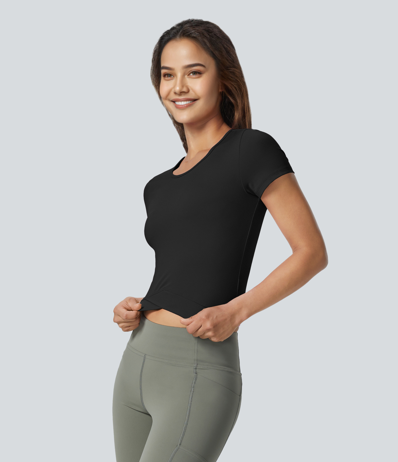 Halara Softlyzeroв„ў Plush Crossover Hem Cropped Yoga Sports Top  - Black - S(Long) 