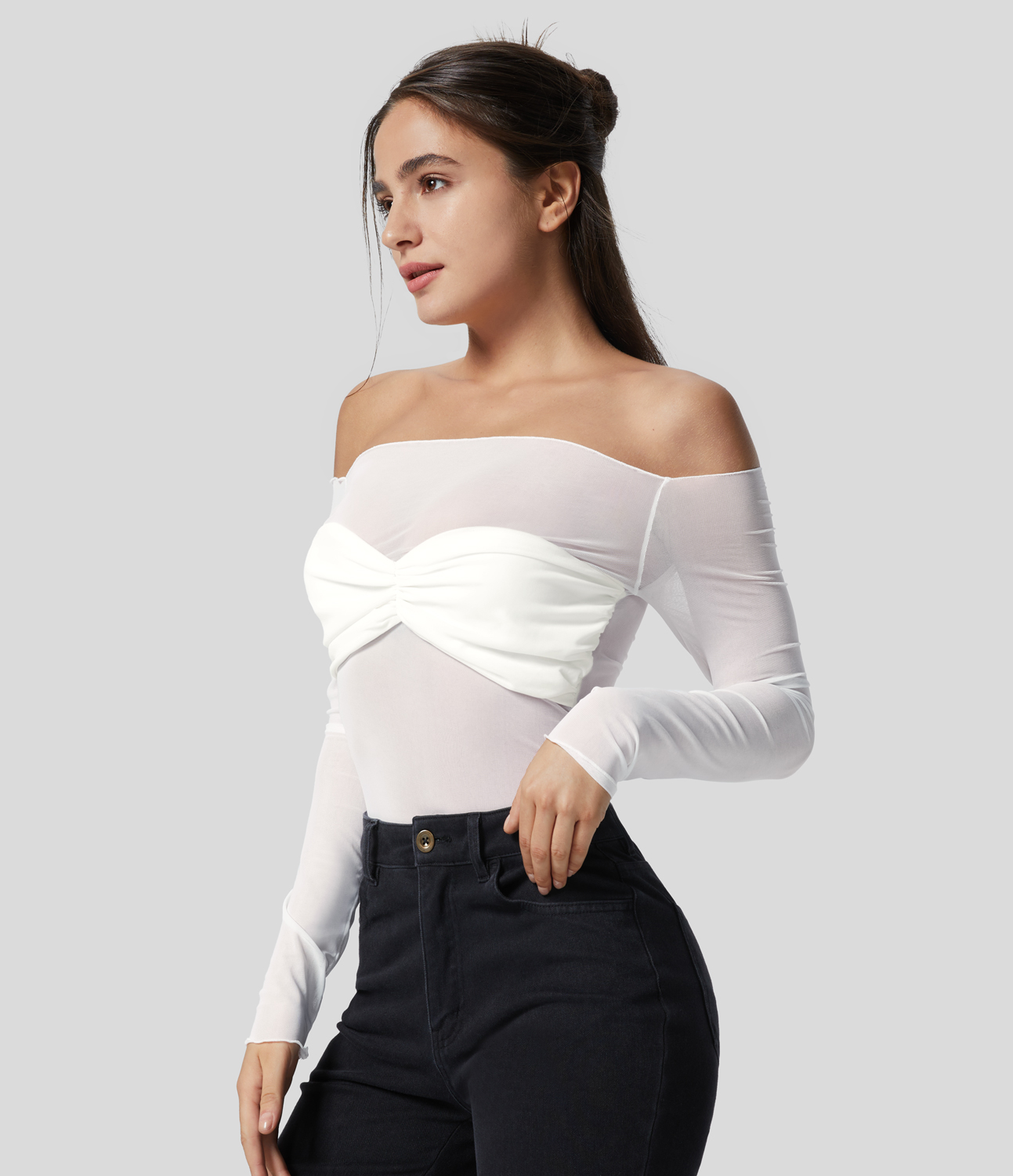 Halara Sheer Mesh Off Shoulder Chest Ruched Party Top Tank Top - White - XL golf tops halter top tunic tops sleeveless tops backless top 