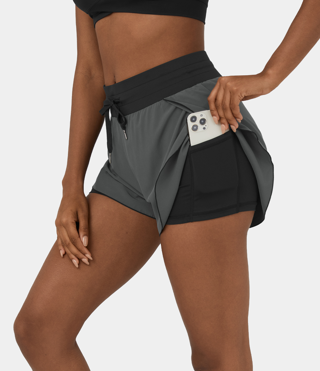 Halara High Waisted Drawstring 2-in-1 Side Pocket Color Block Casual Shorts 3`` Gym Short - Iron Gate - M booty shorts compression shorts 