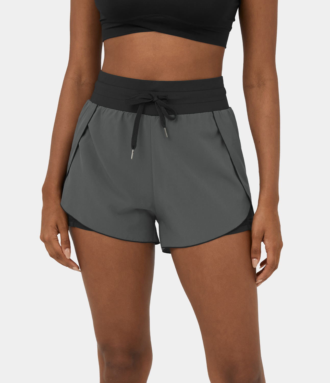 Halara High Waisted Drawstring 2-in-1 Side Pocket Color Block Casual Shorts 3`` Gym Short - Iron Gate - M booty shorts compression shorts 