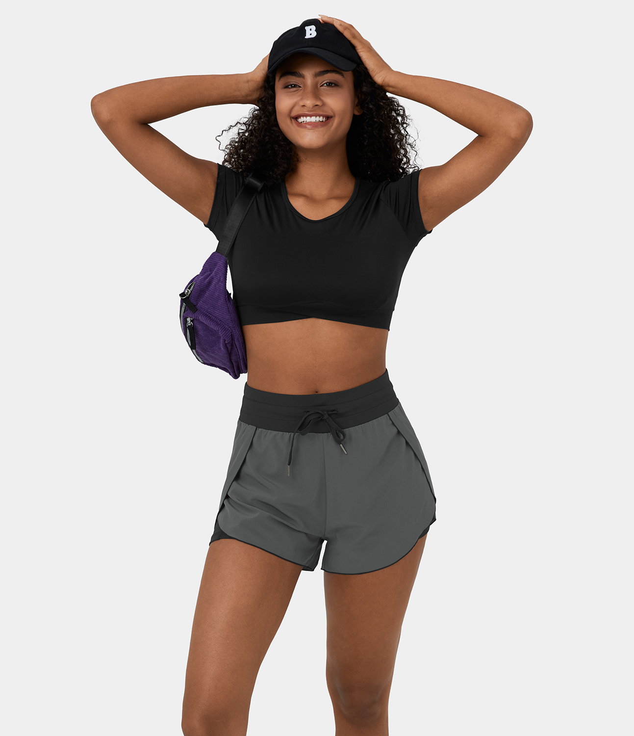 Halara High Waisted Drawstring 2-in-1 Side Pocket Color Block Casual Shorts 3`` Gym Short - Iron Gate - M booty shorts compression shorts 