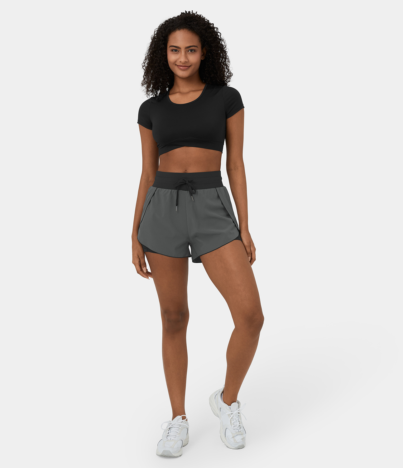 Halara High Waisted Drawstring 2-in-1 Side Pocket Color Block Casual Shorts 3`` Gym Short - Iron Gate - M booty shorts compression shorts 