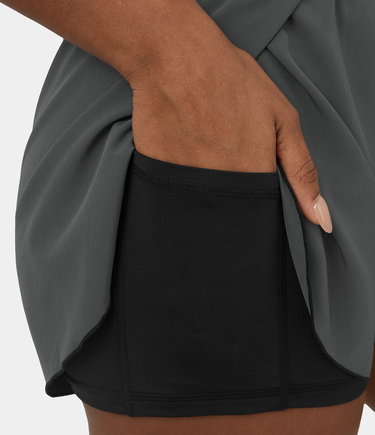 Halara High Waisted Drawstring 2-in-1 Side Pocket Color Block Casual Shorts 3`` Gym Short - Iron Gate - M booty shorts compression shorts 
