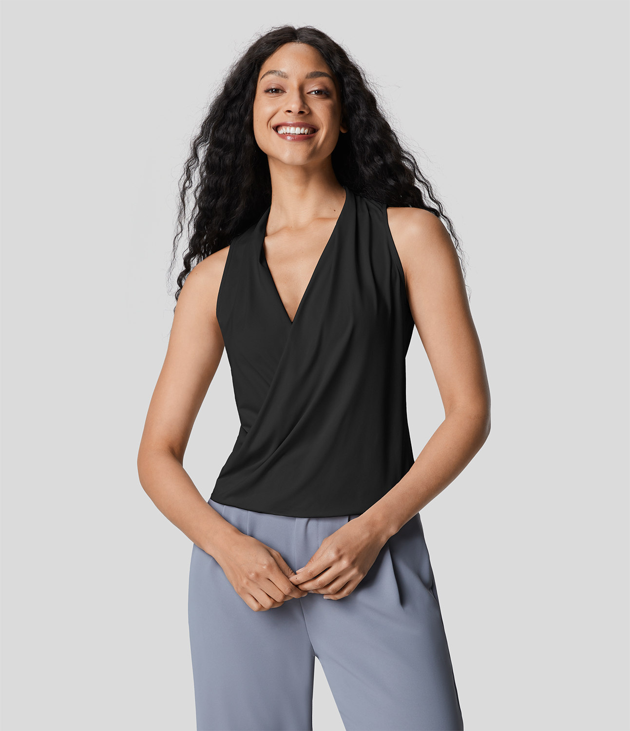 Halara Crossover V Neck Plicated Sleeveless Cool Touch Work Tank Top Tank Top - Black - XS golf tops halter top tunic tops sleeveless tops 