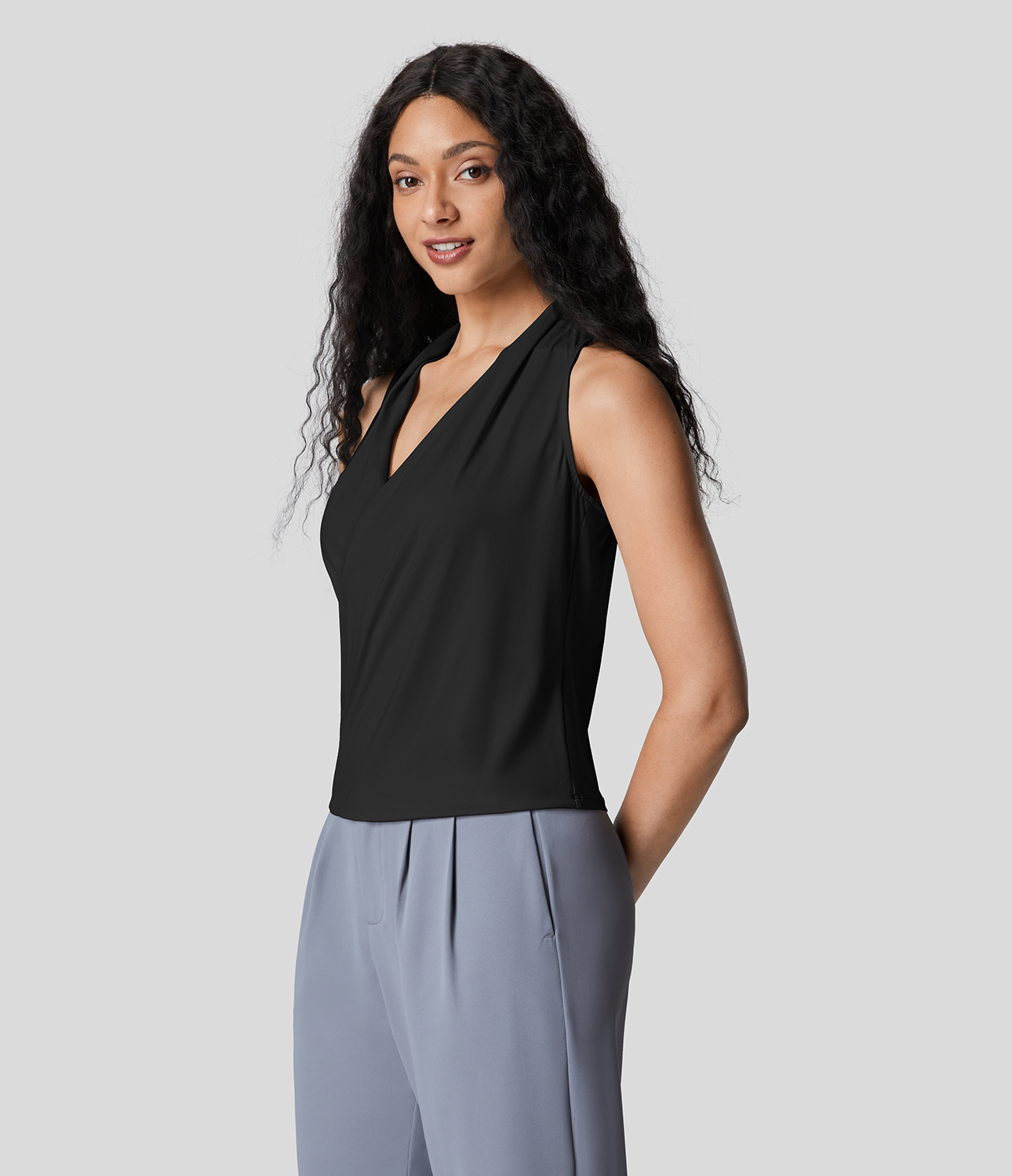Halara Crossover V Neck Plicated Sleeveless Cool Touch Work Tank Top Tank Top - Black - XS golf tops halter top tunic tops sleeveless tops 