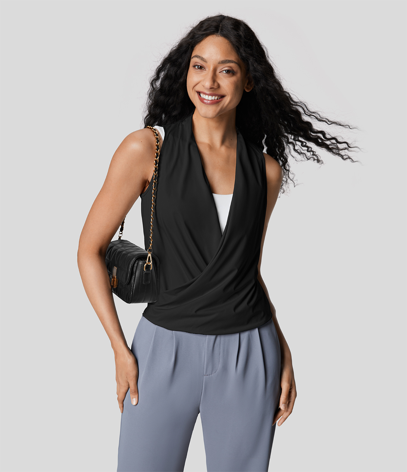 Halara Crossover V Neck Plicated Sleeveless Cool Touch Work Tank Top Tank Top - Black - XS golf tops halter top tunic tops sleeveless tops 