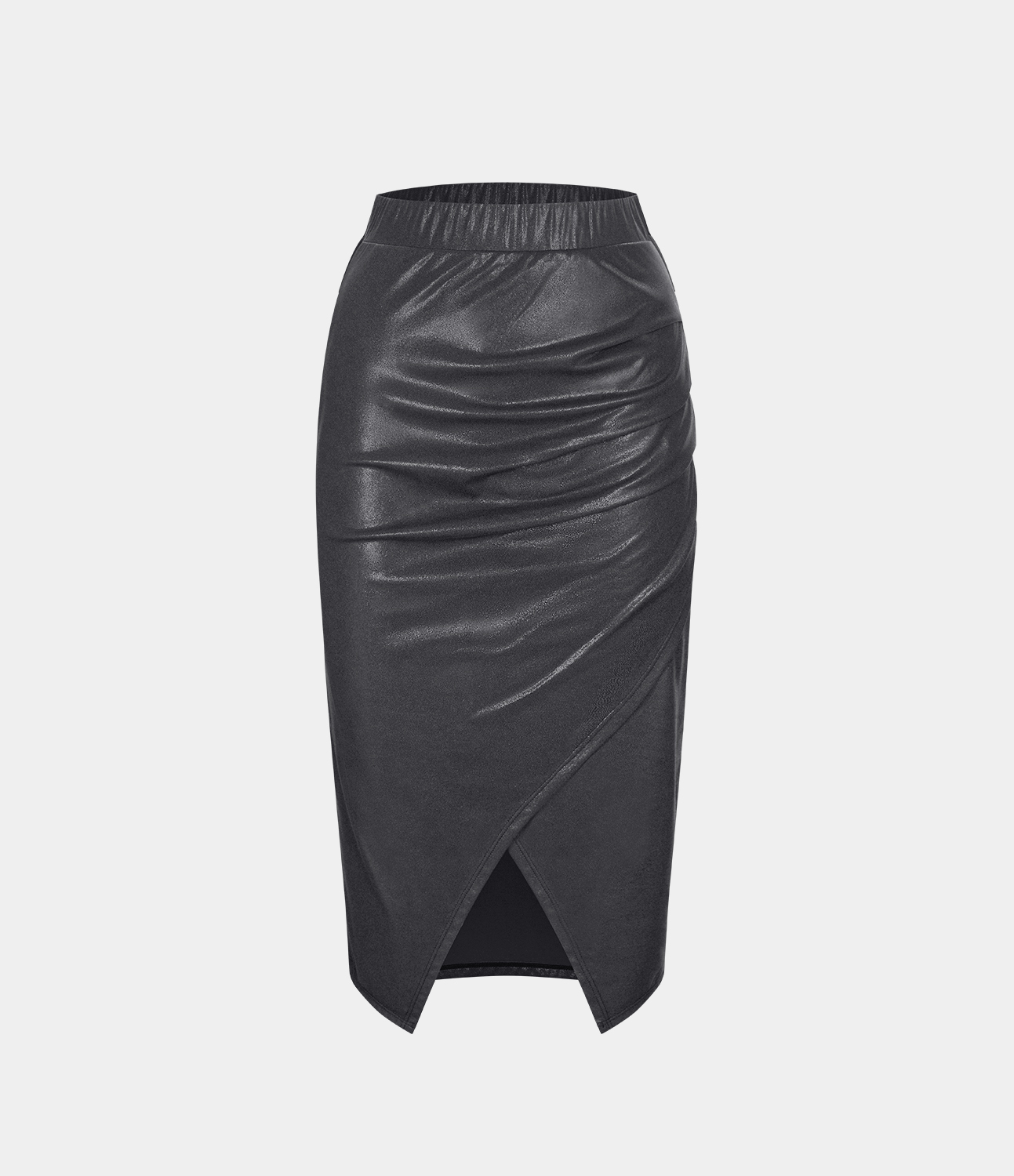 Halara Softlyzeroв„ў Faux Leather Ruched Split Hem Foil Print Stretchy Bodycon Midi Casual Skirt  - Shiny Dusk Black - XL 