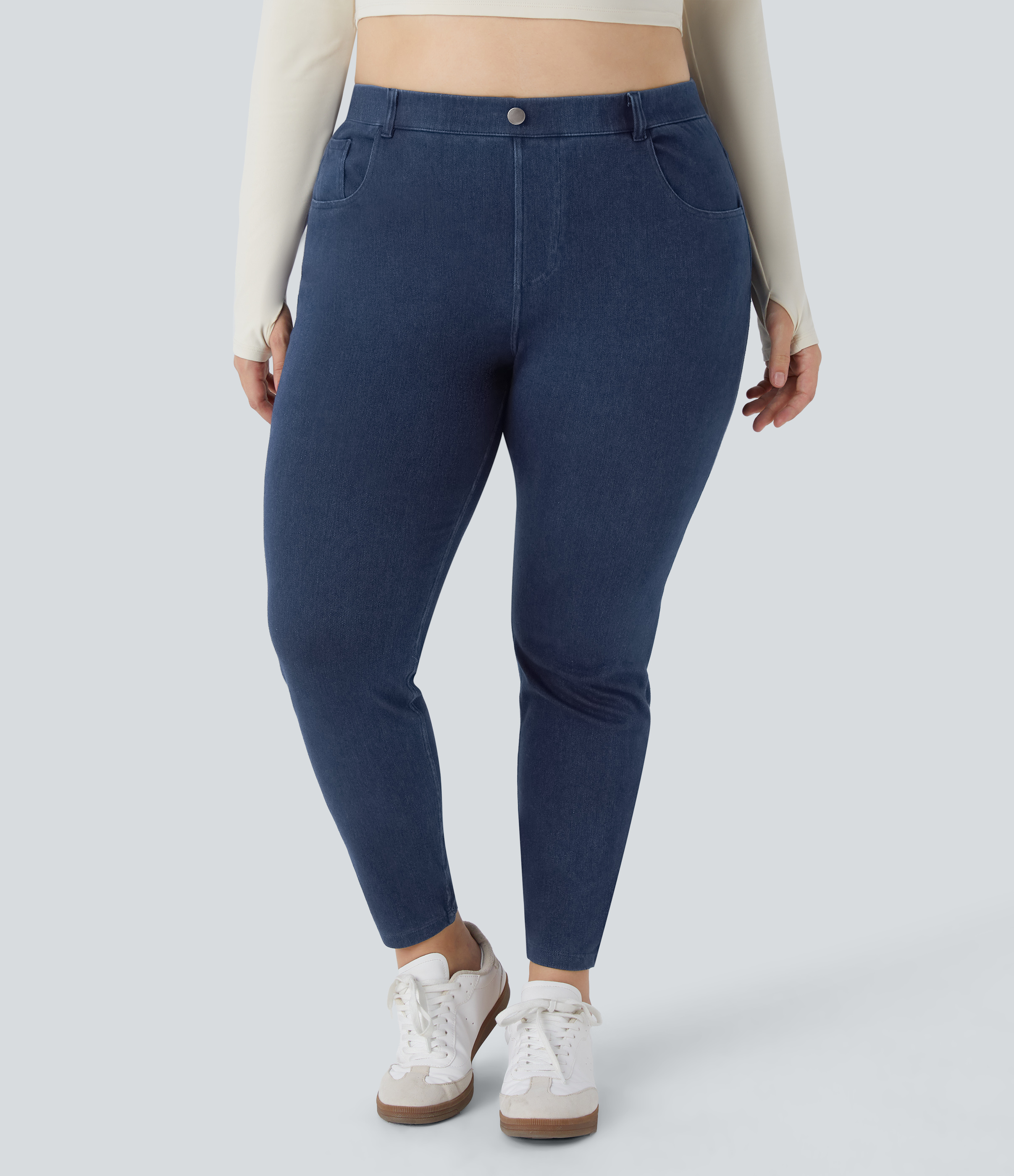 Washed Denim Navy Blue Leggings 7/8 Halara Flex™ Denim oficina elástico múltiple bolsillo tiro alto Talla grande / 2