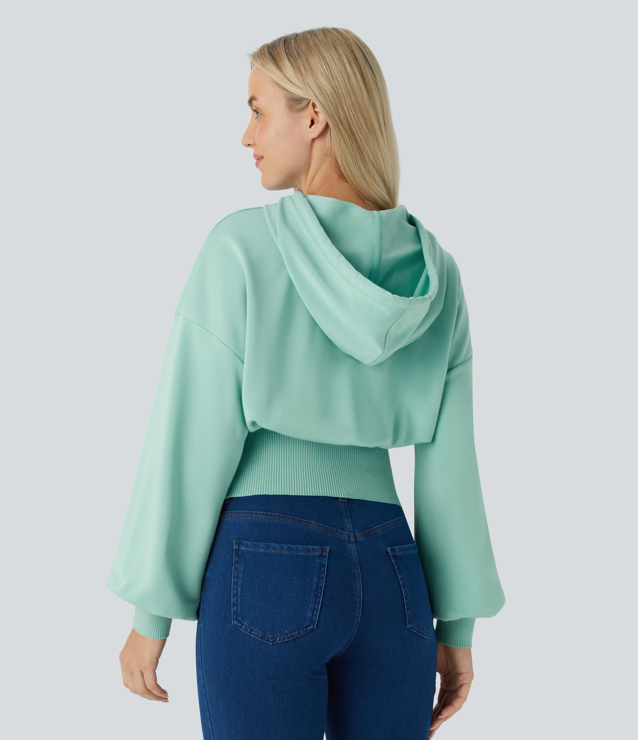 Halara Hooded Drawstring Bishop Sleeve Contrast Ribbed Relaxed Casual Sweatshirt  - Ocean Wave - M 